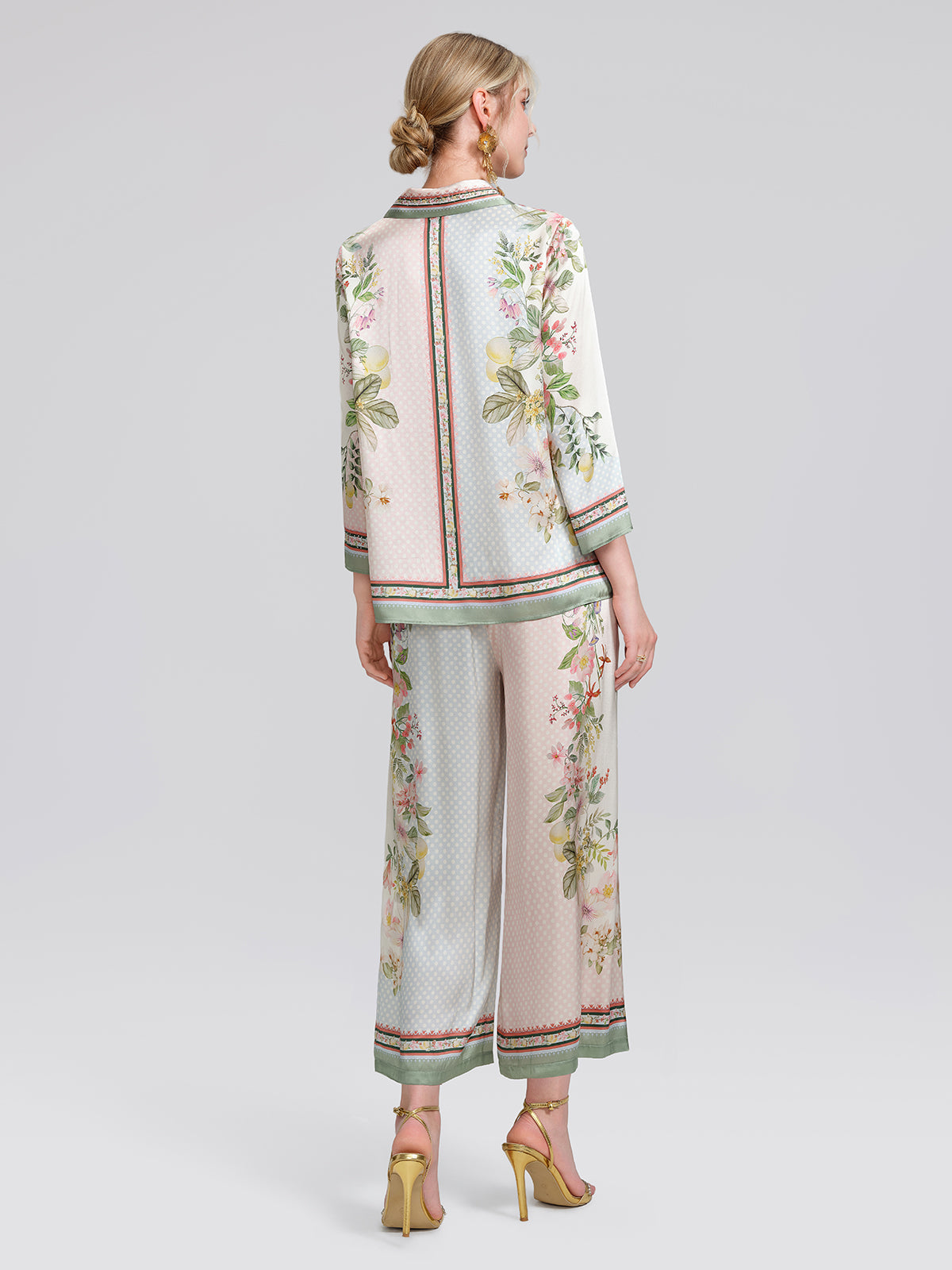 100% Silk Vintage Print Three-Quarter Sleeve Shirt