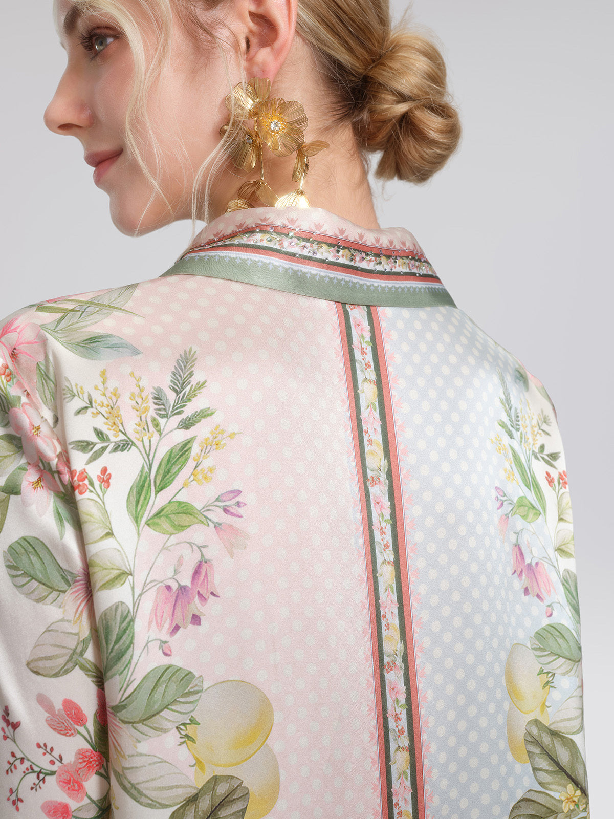 100% Silk Vintage Print Three-Quarter Sleeve Shirt