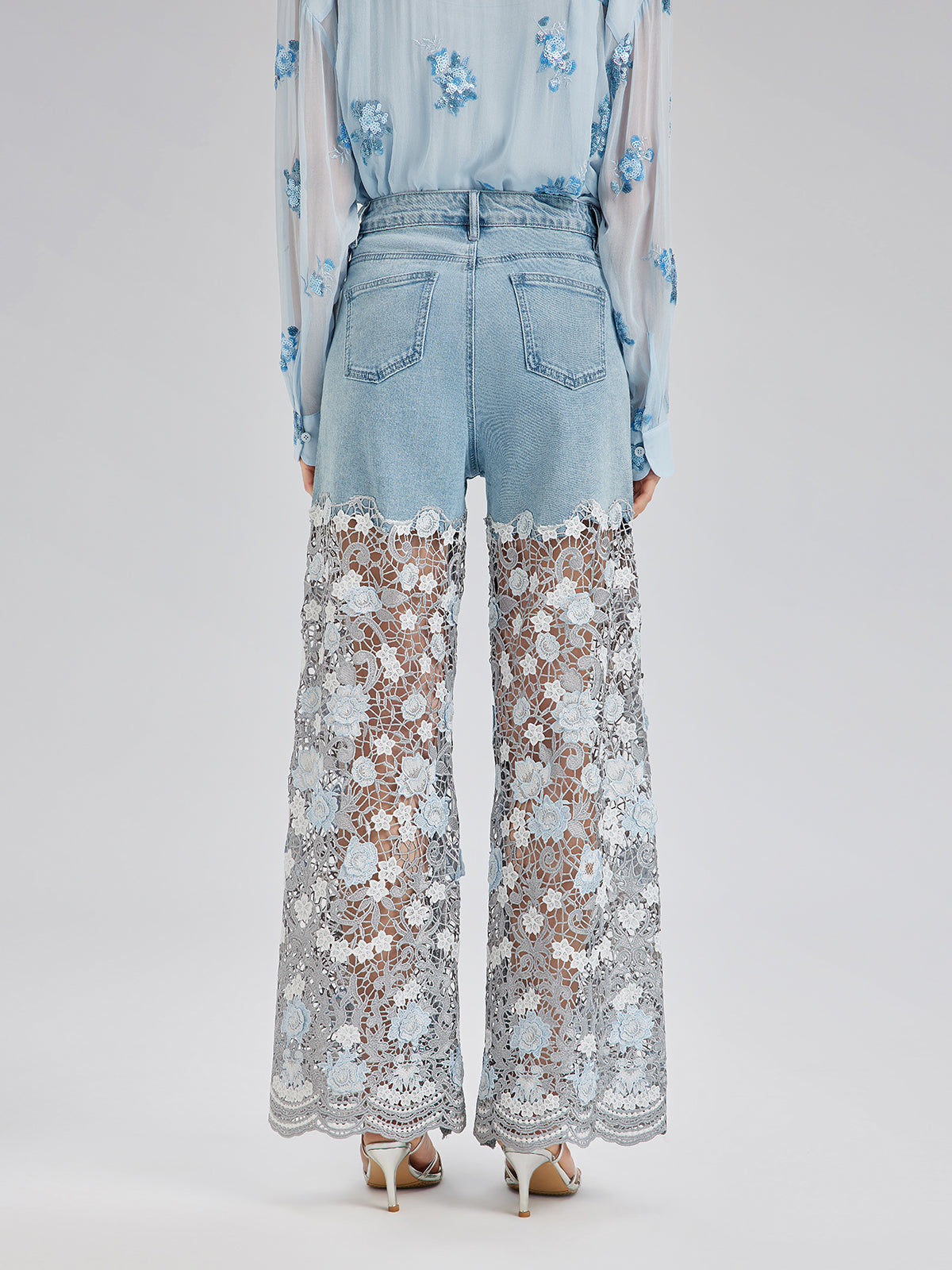 Elegant Rhinestone Lace Denim Jeans