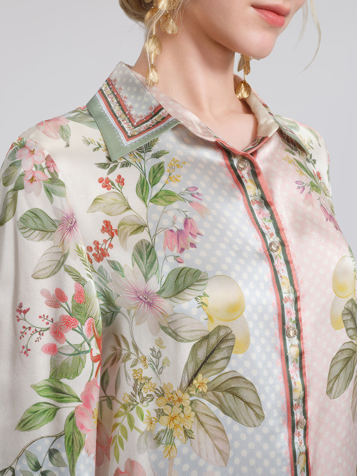 100% Silk Vintage Print Three-Quarter Sleeve Shirt