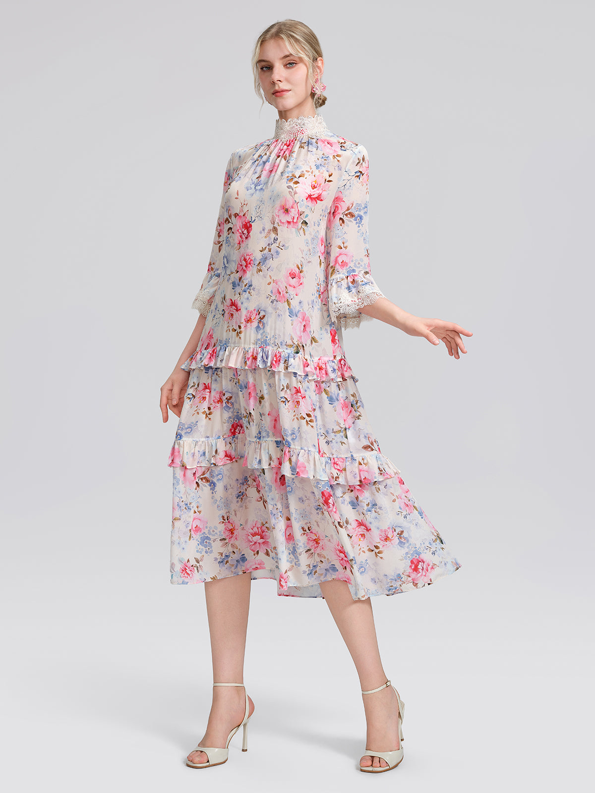 100% Silk Floral Lace Panel Ruffle Dress