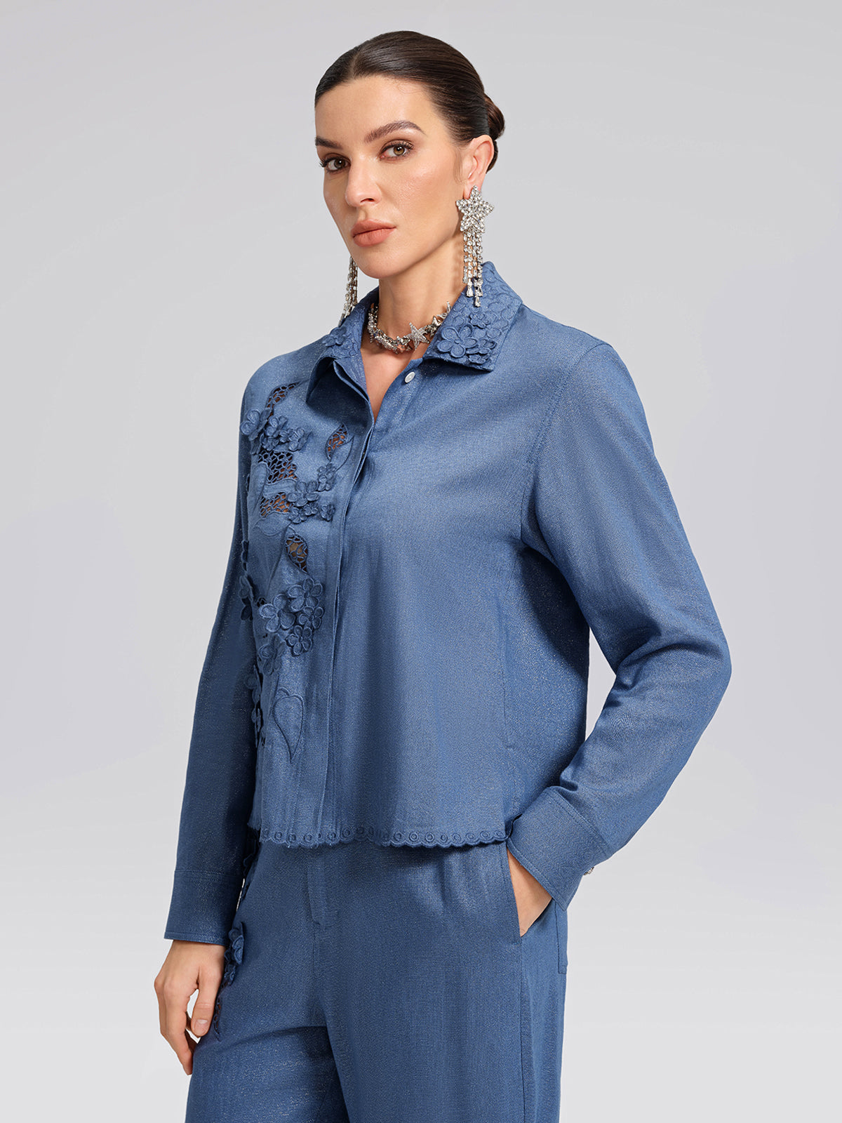 Art Cutout Floral Embroidered Linen Shirt