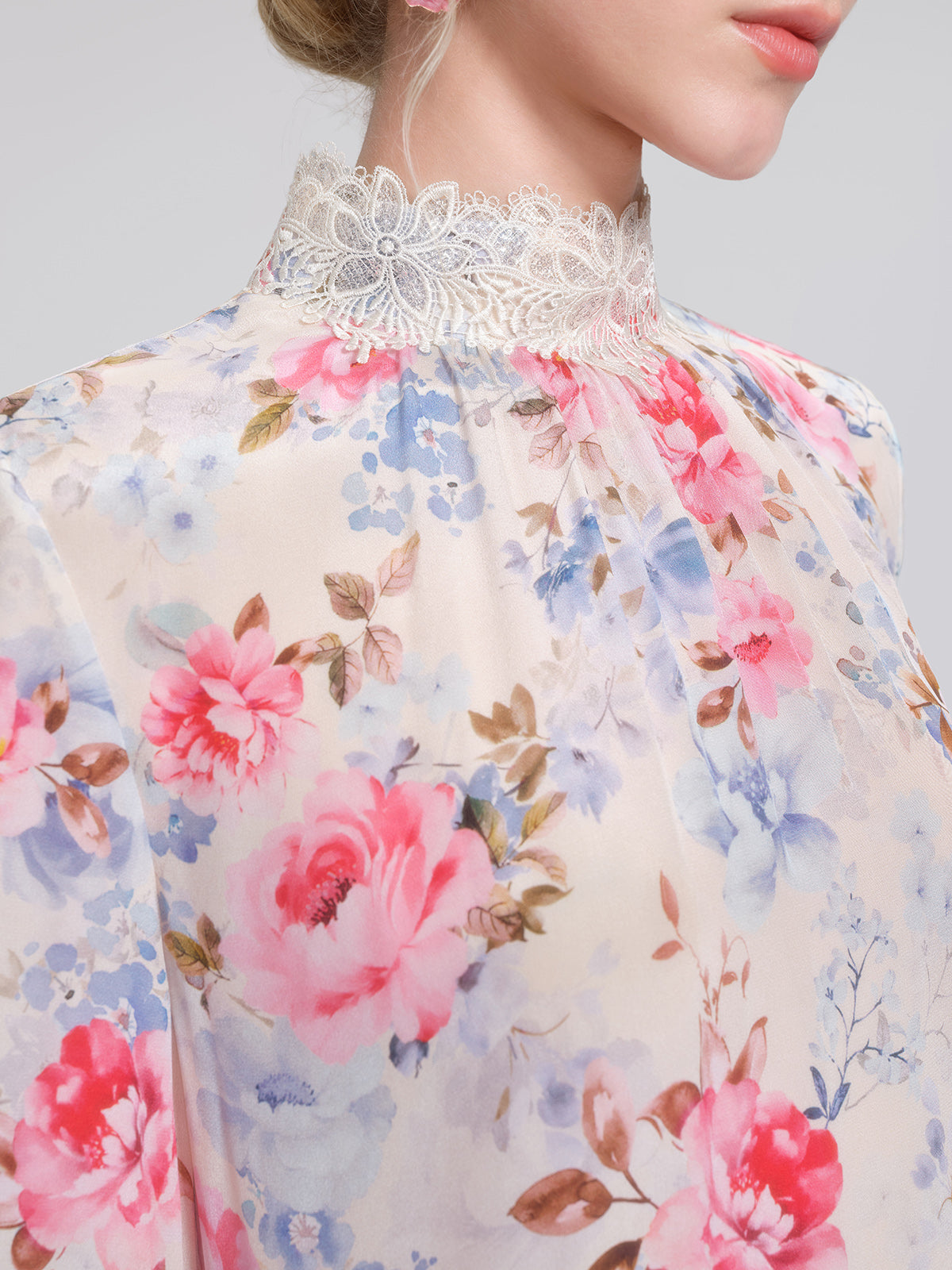 100% Silk Floral Lace Panel Ruffle Dress