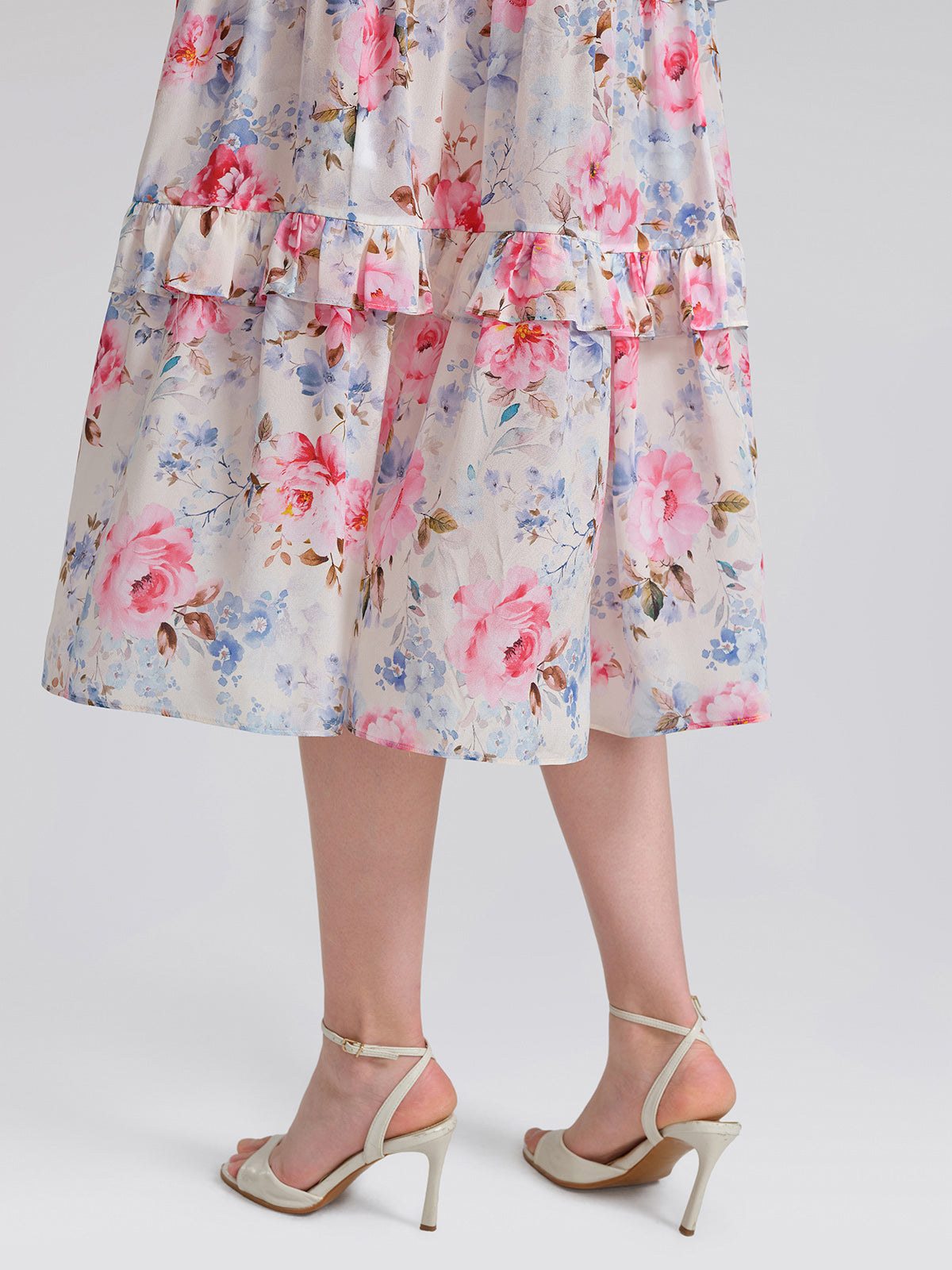 100% Silk Floral Lace Panel Ruffle Dress