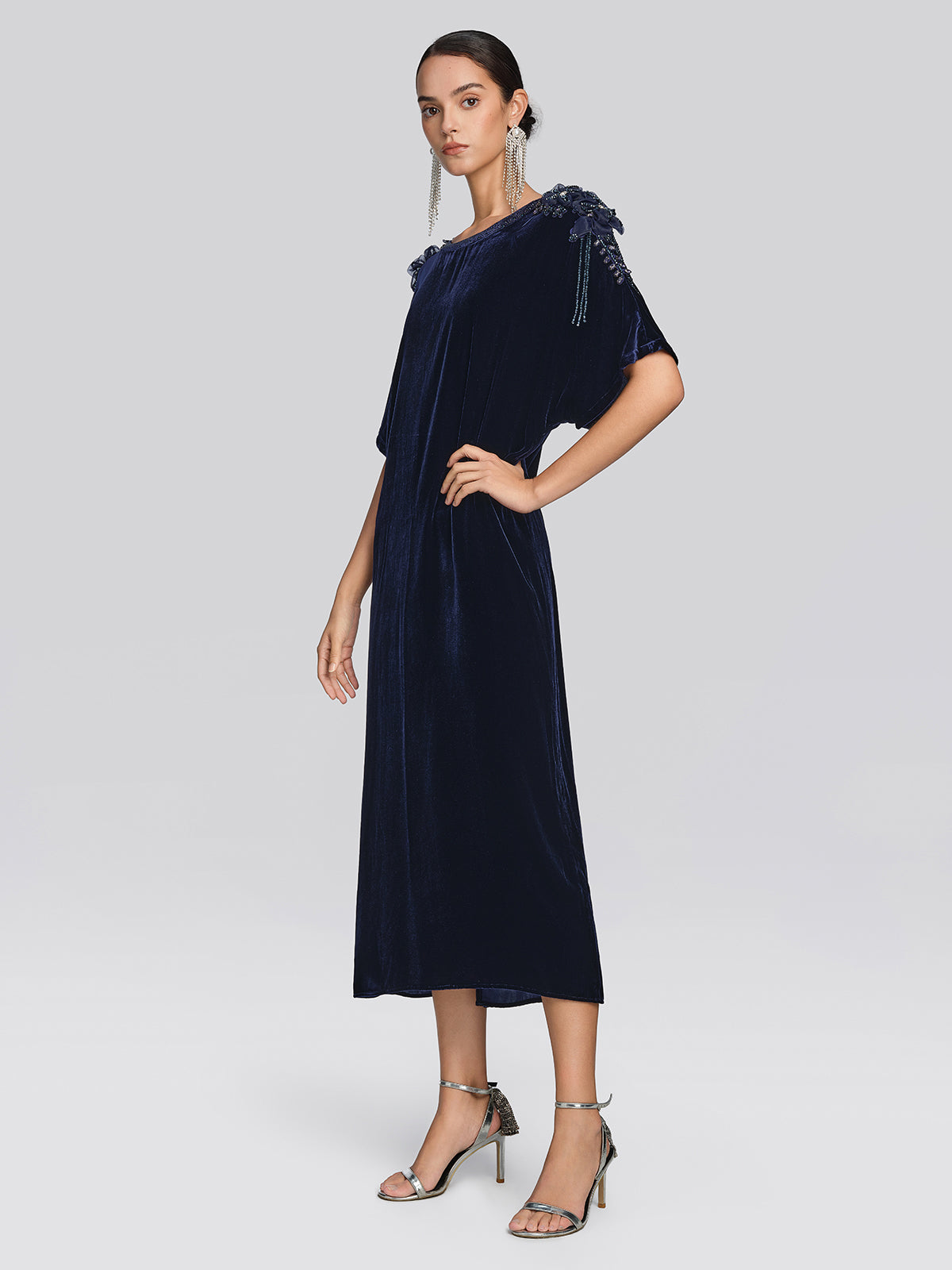 Velvet 3D Floral Rhinestone Dress