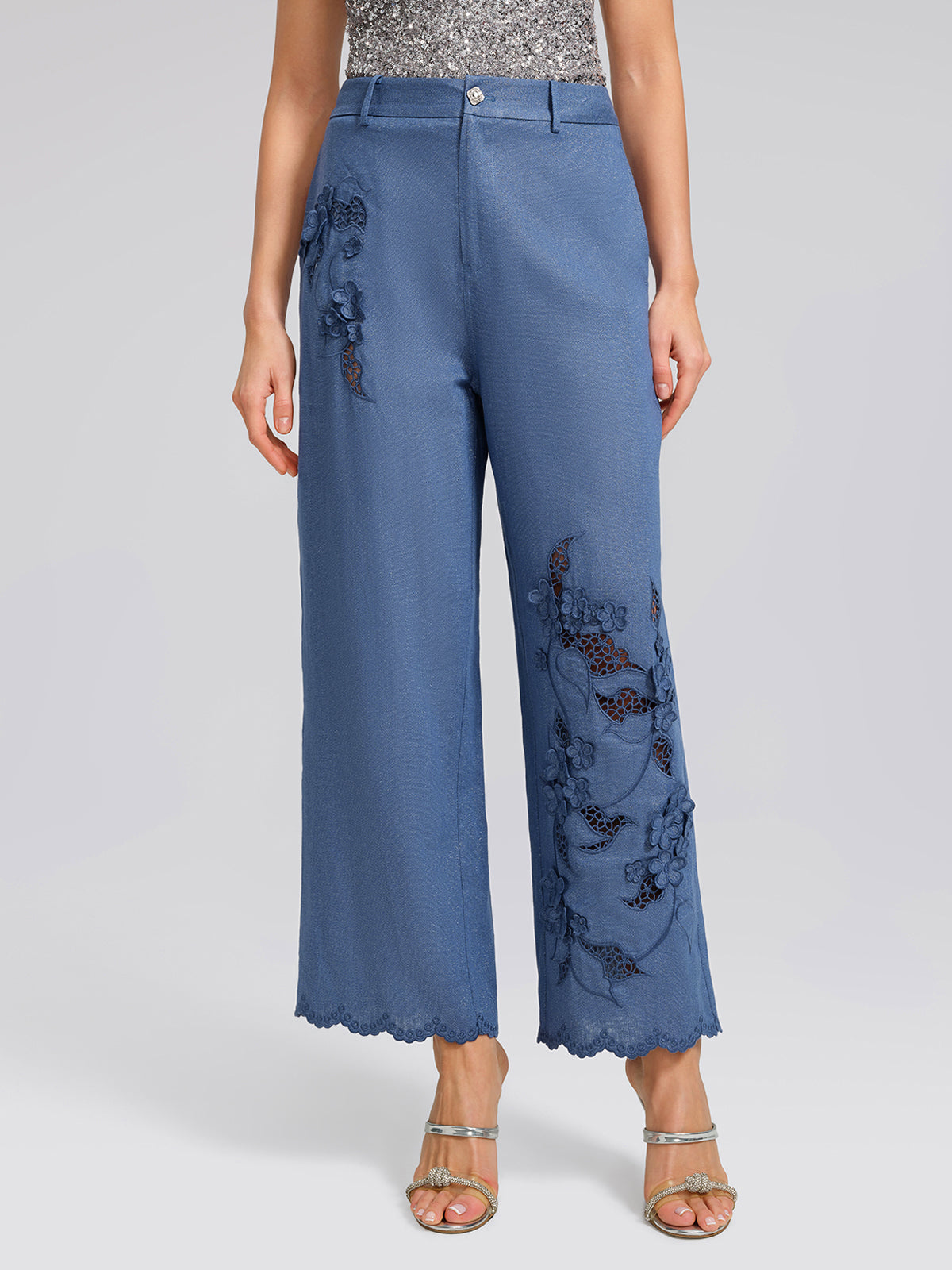 Art Cutout Floral Embroidered Linen Pants