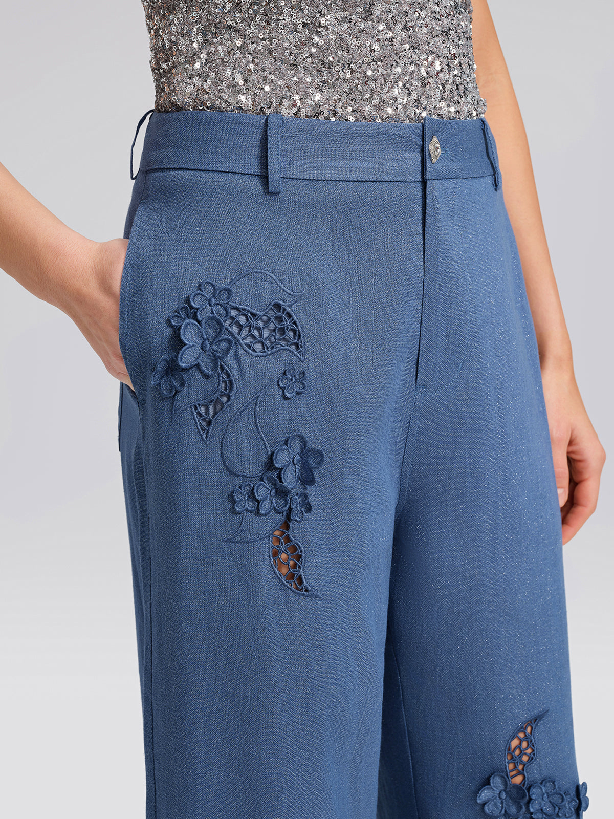 Art Cutout Floral Embroidered Linen Pants
