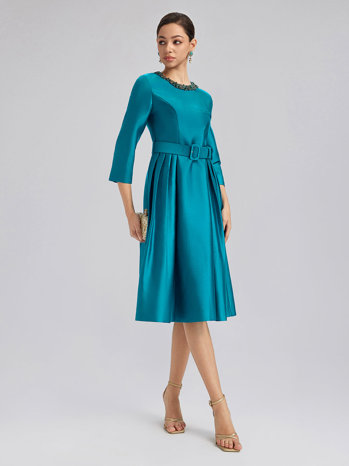 Silk-Wool Hand-Beaded Dress (Belt Included)