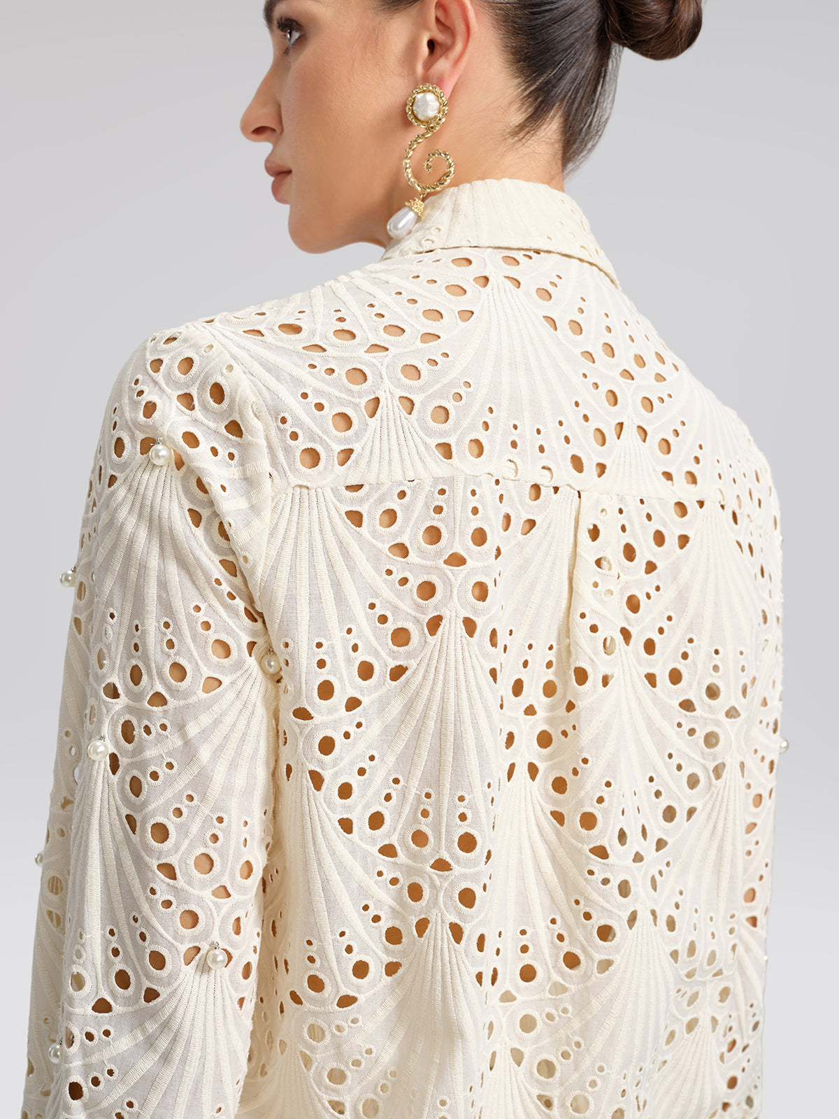 100% Cotton Burnout Cutwork Hand-Sewn Pearl Shirt