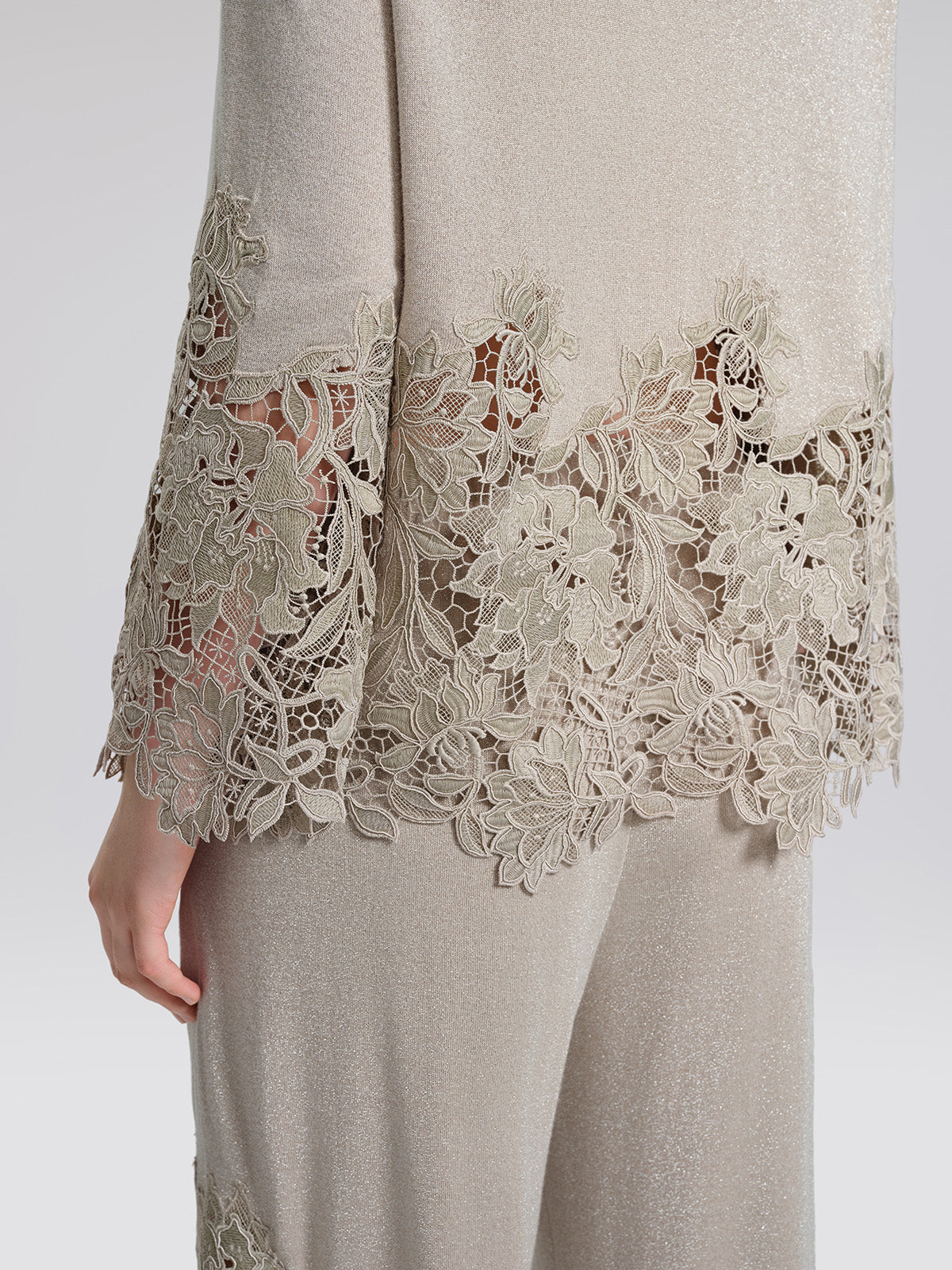 Metallic Knit Cut-Out Lace Trim Blouse