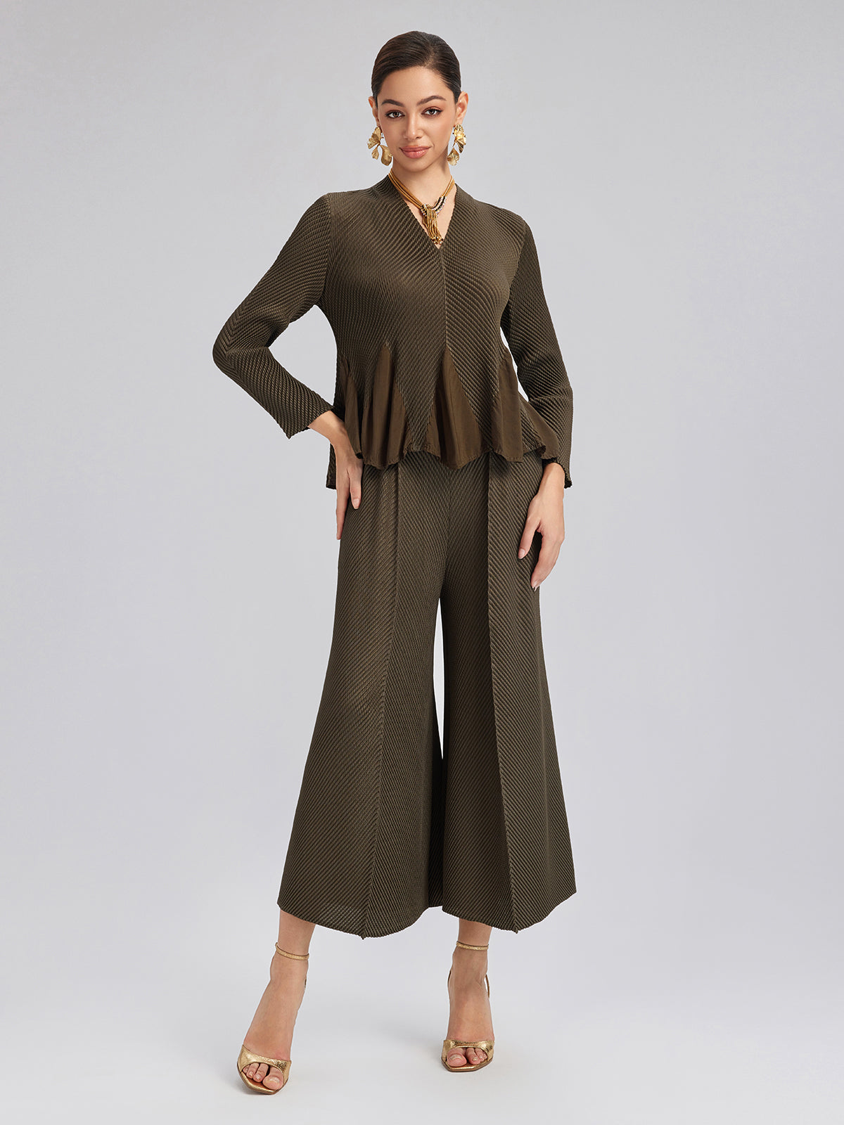 Pleated-Texture Elastic-Waist Wide-Leg Pants