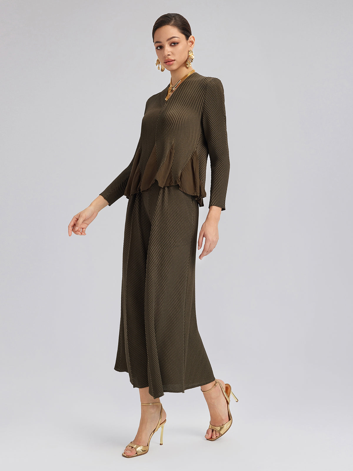Pleated-Texture Elastic-Waist Wide-Leg Pants