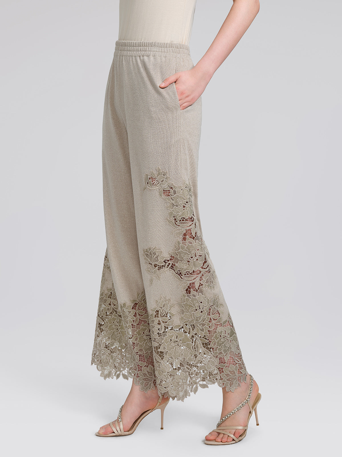 Metallic Knit Lace Trim Elastic-Waist Pants