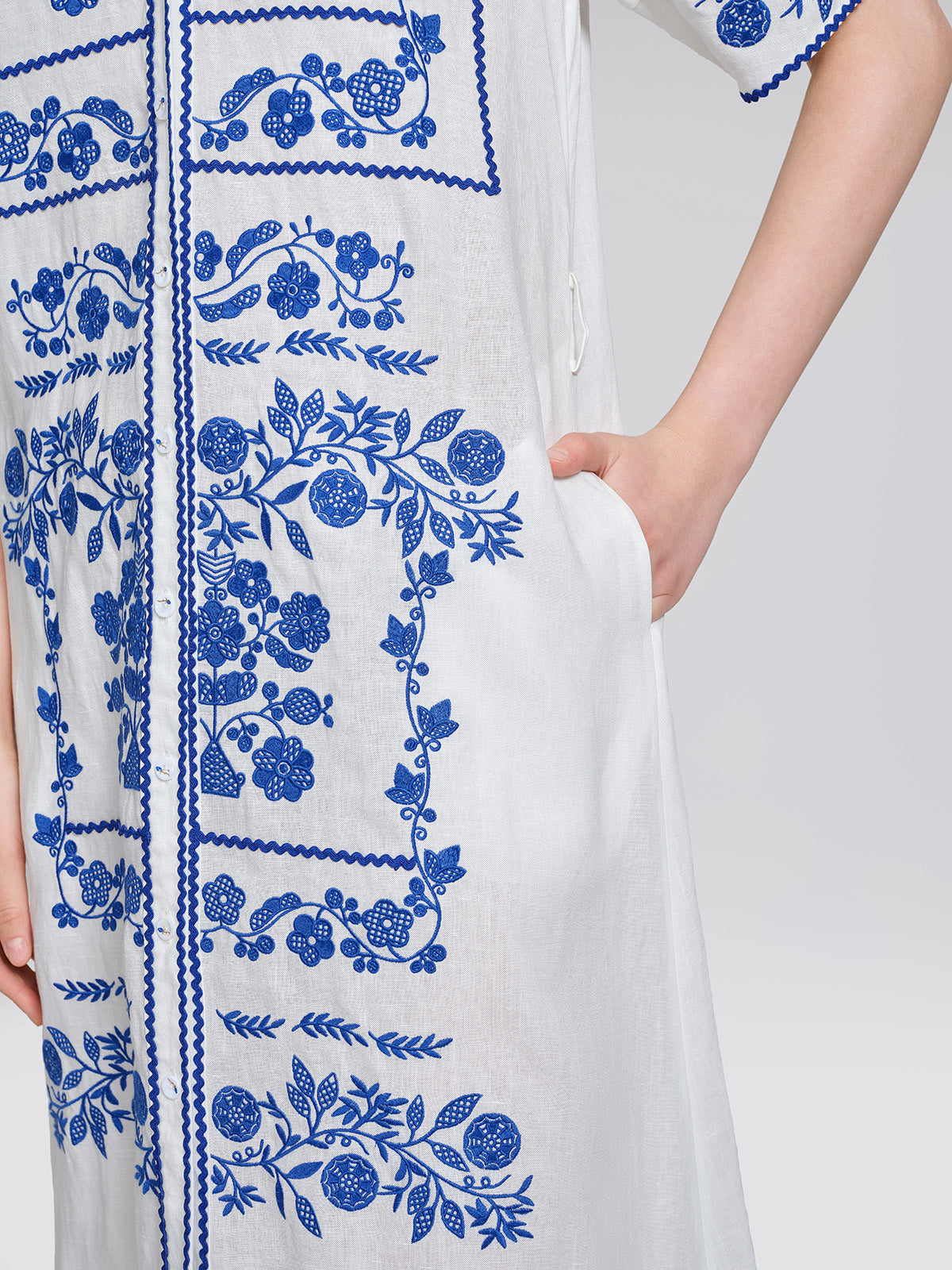Linen Placement Embroidered Dress (Waist Tie Included)