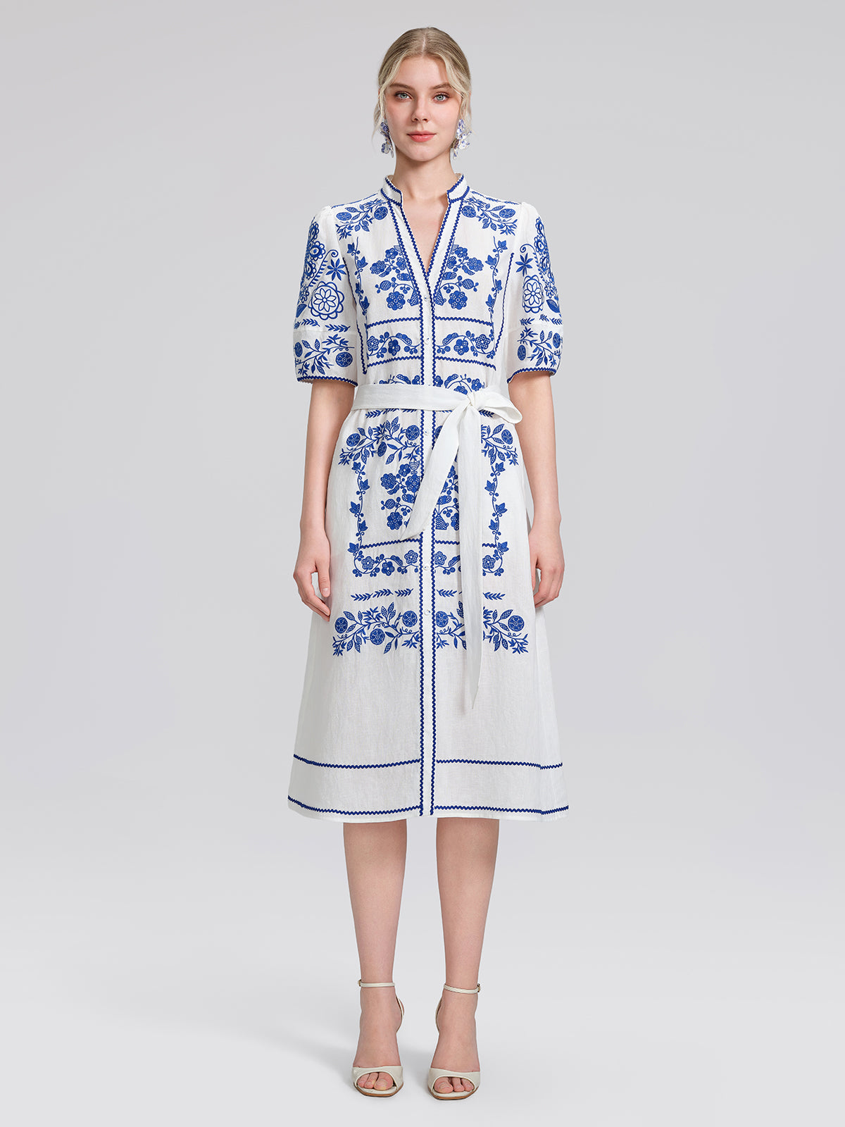 Linen Placement Embroidered Dress (Waist Tie Included)
