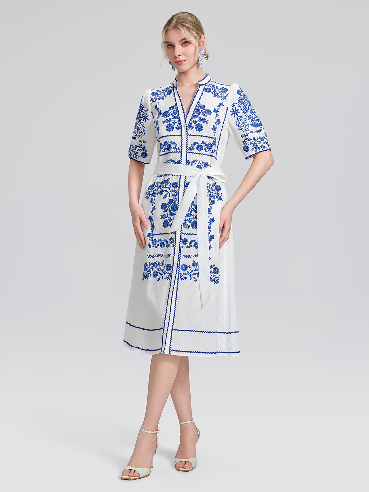 Linen Placement Embroidered Dress (Waist Tie Included)