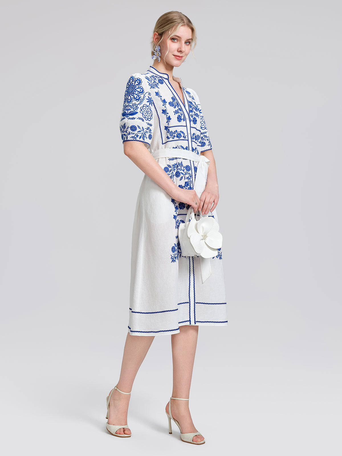 Linen Placement Embroidered Dress (Waist Tie Included)