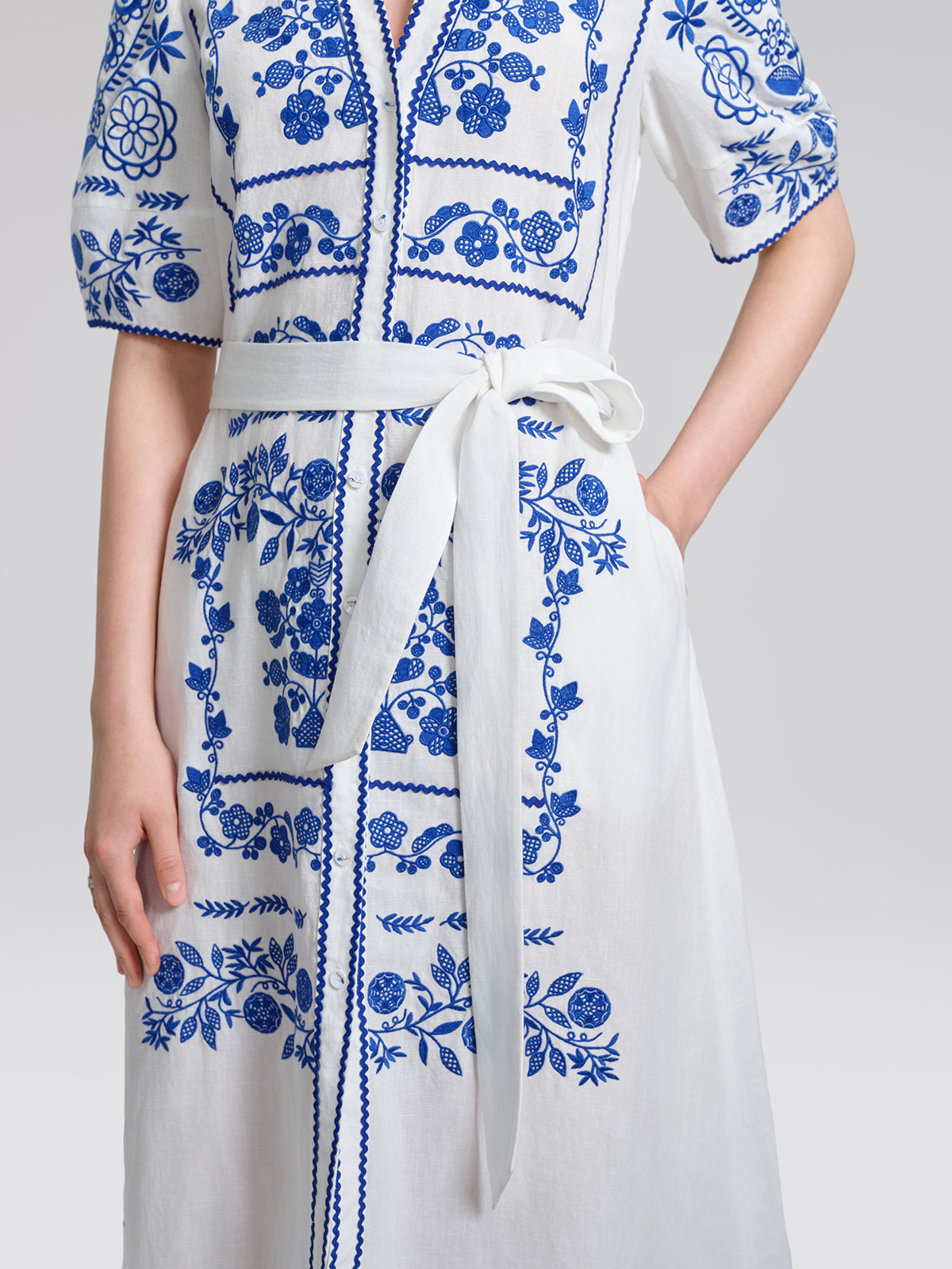 Linen Placement Embroidered Dress (Waist Tie Included)