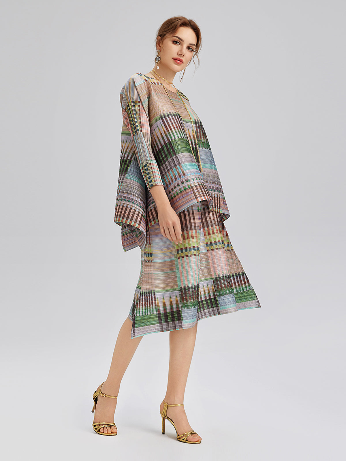 Geometric Print Pleated Elastic Waist Set