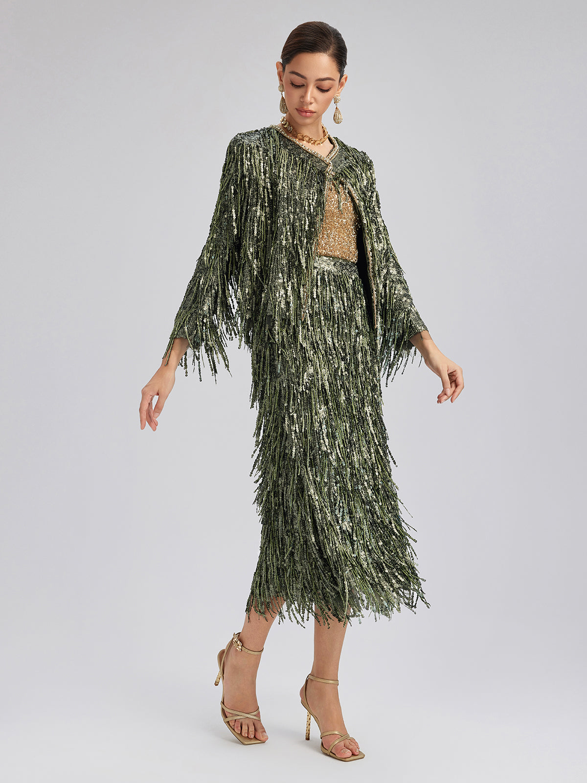 Handcrafted Sequin Fringe Front-Slit Mermaid Skirt
