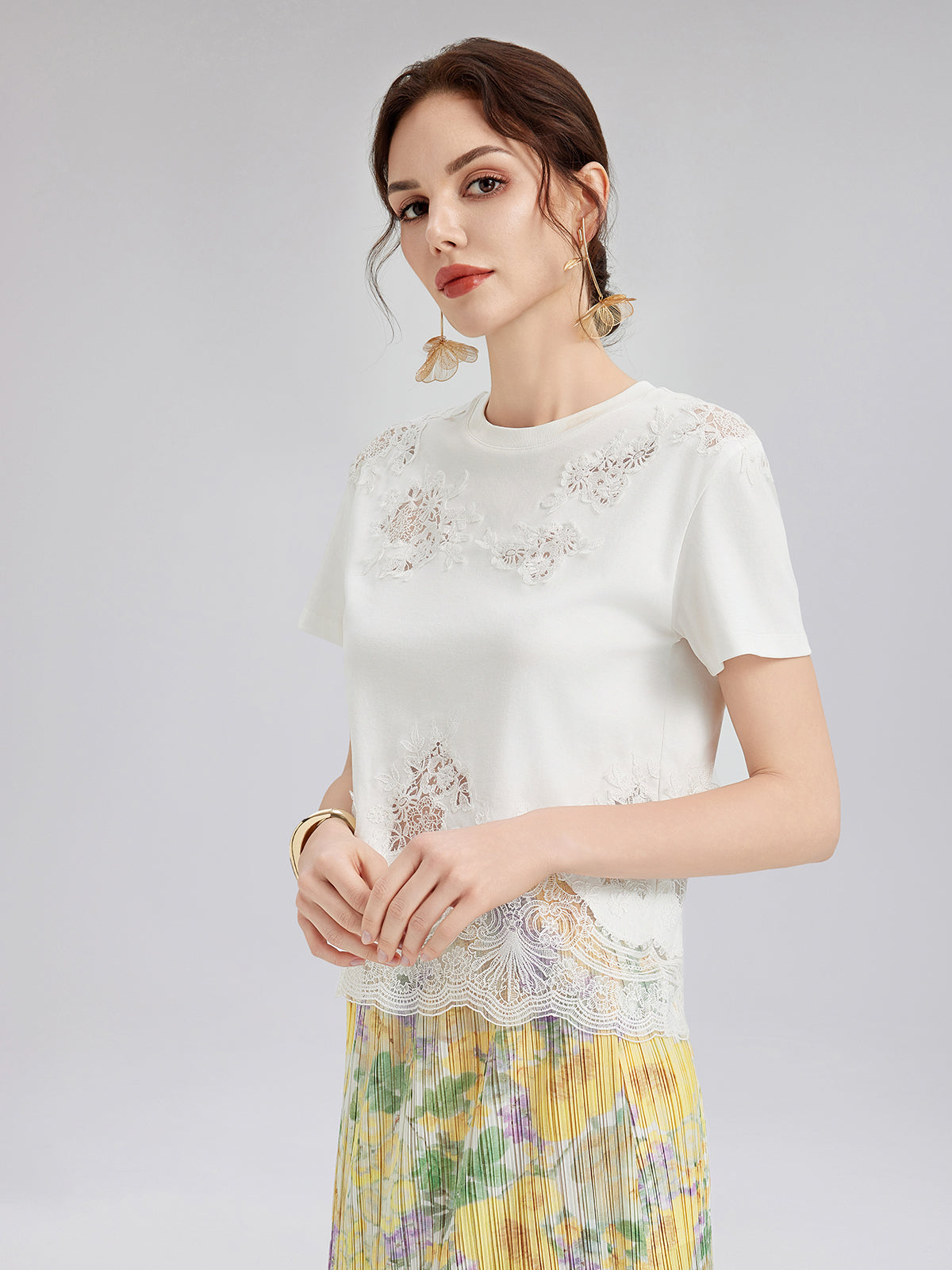 Fashion Lace-Trimmed Cotton Tee
