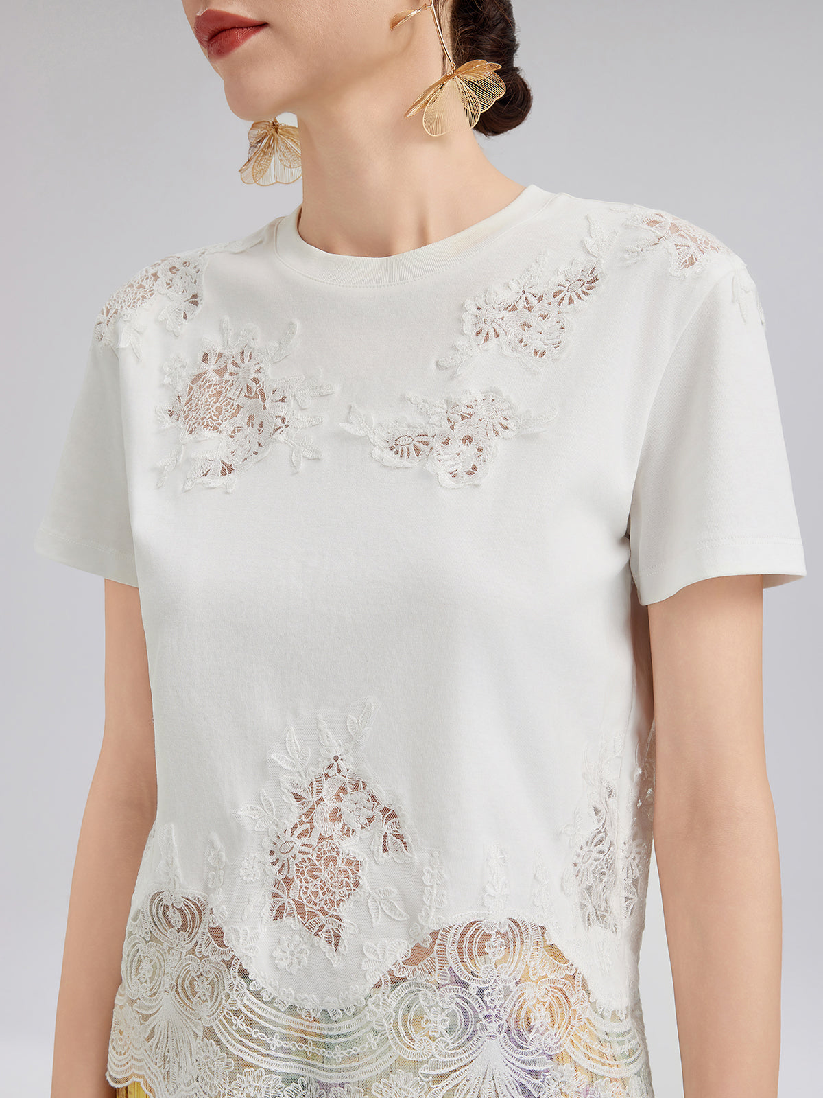 Fashion Lace-Trimmed Cotton Tee