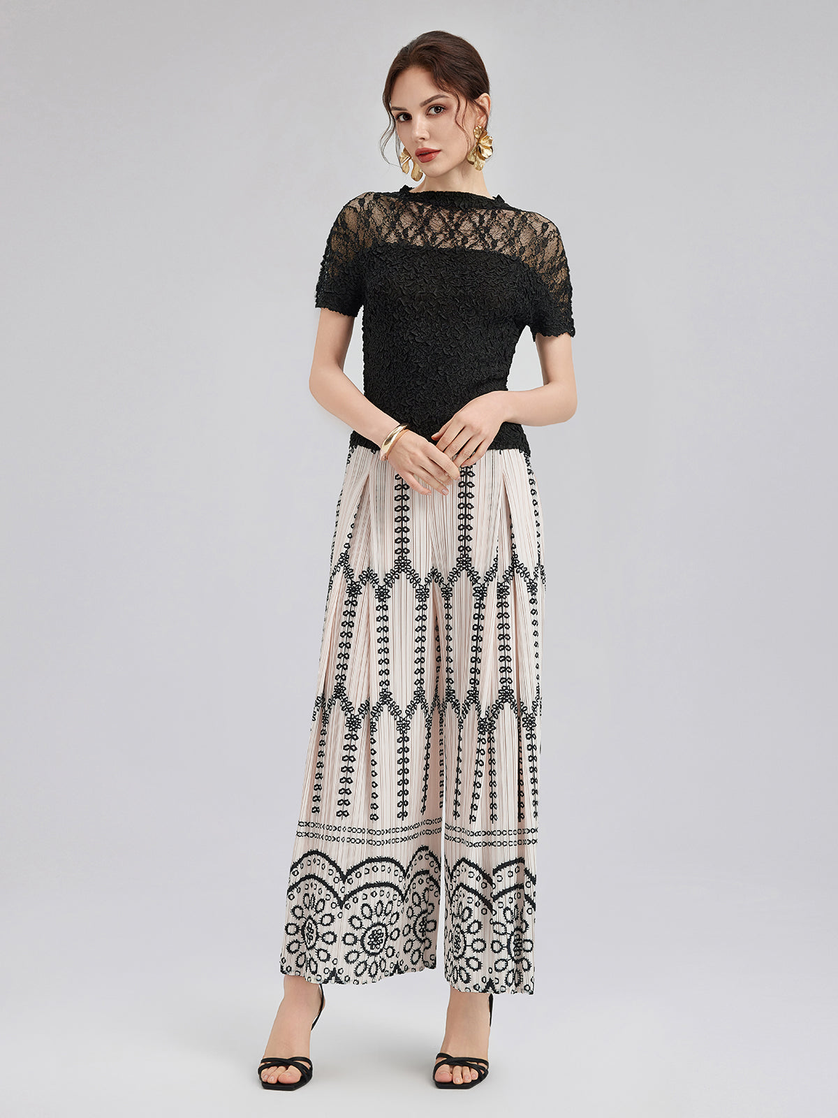 Cutout Lace Mesh Pleated Fitted Top