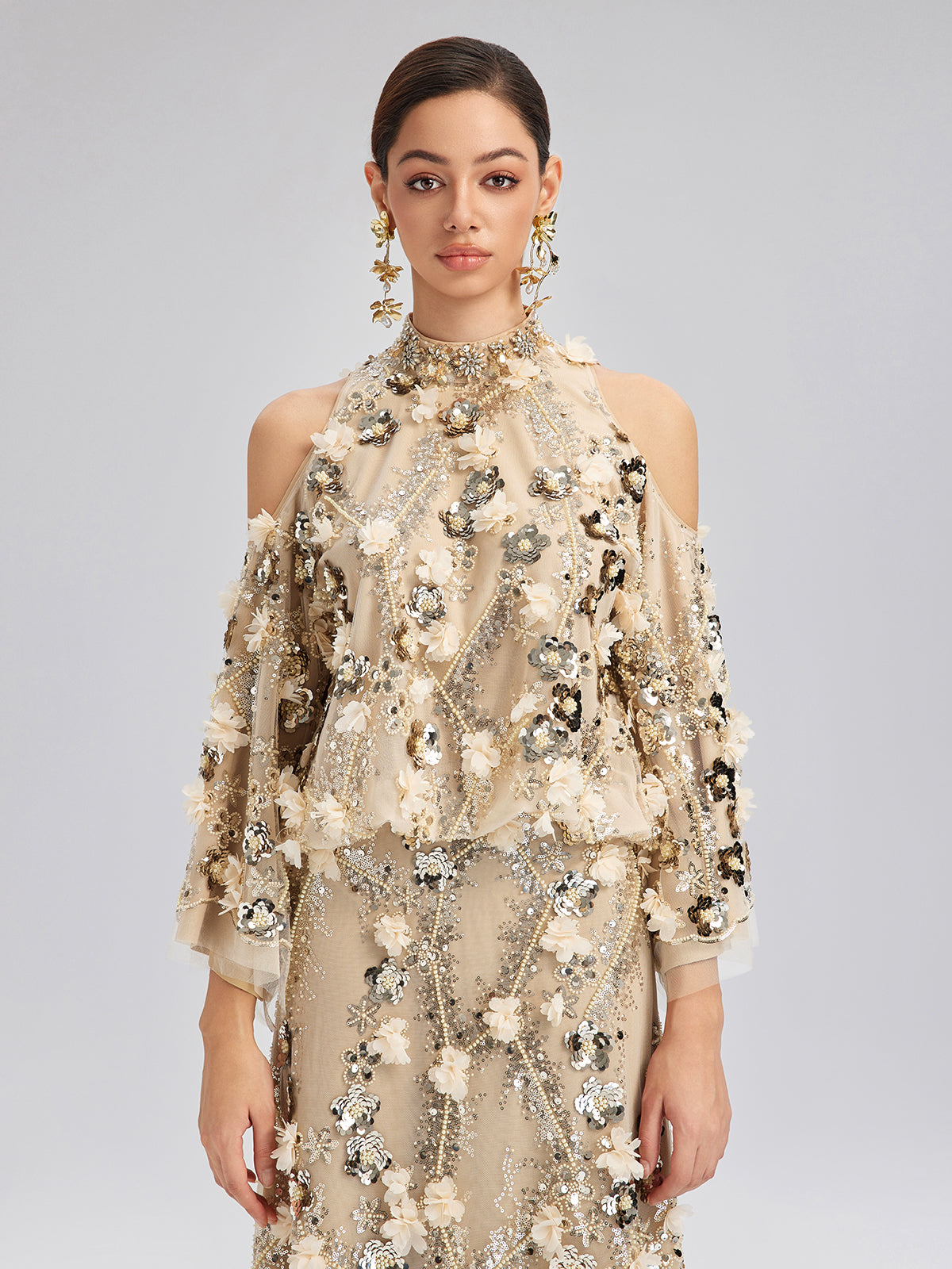 Sequin Floral Embroidery Cold-Shoulder Top, GOLD / XL