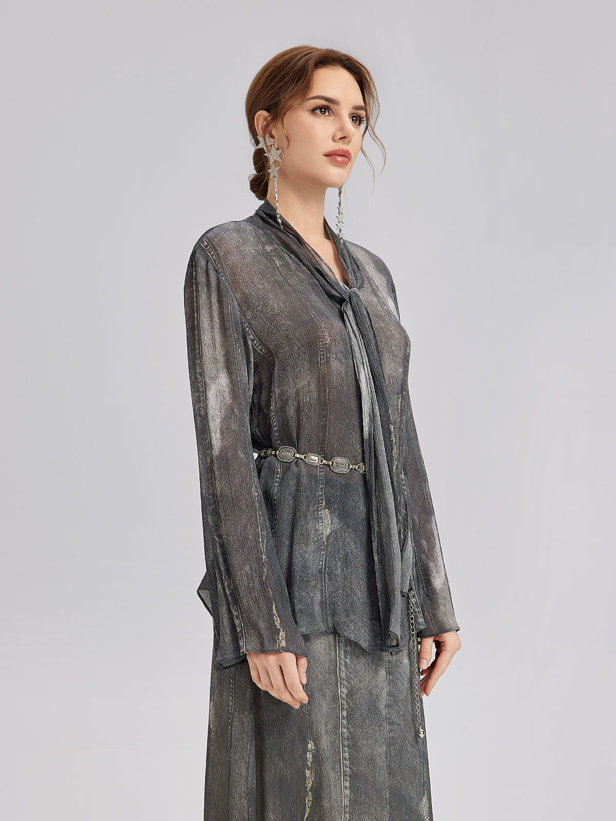 Final Sale | Faux Denim Washed Tie Blouse