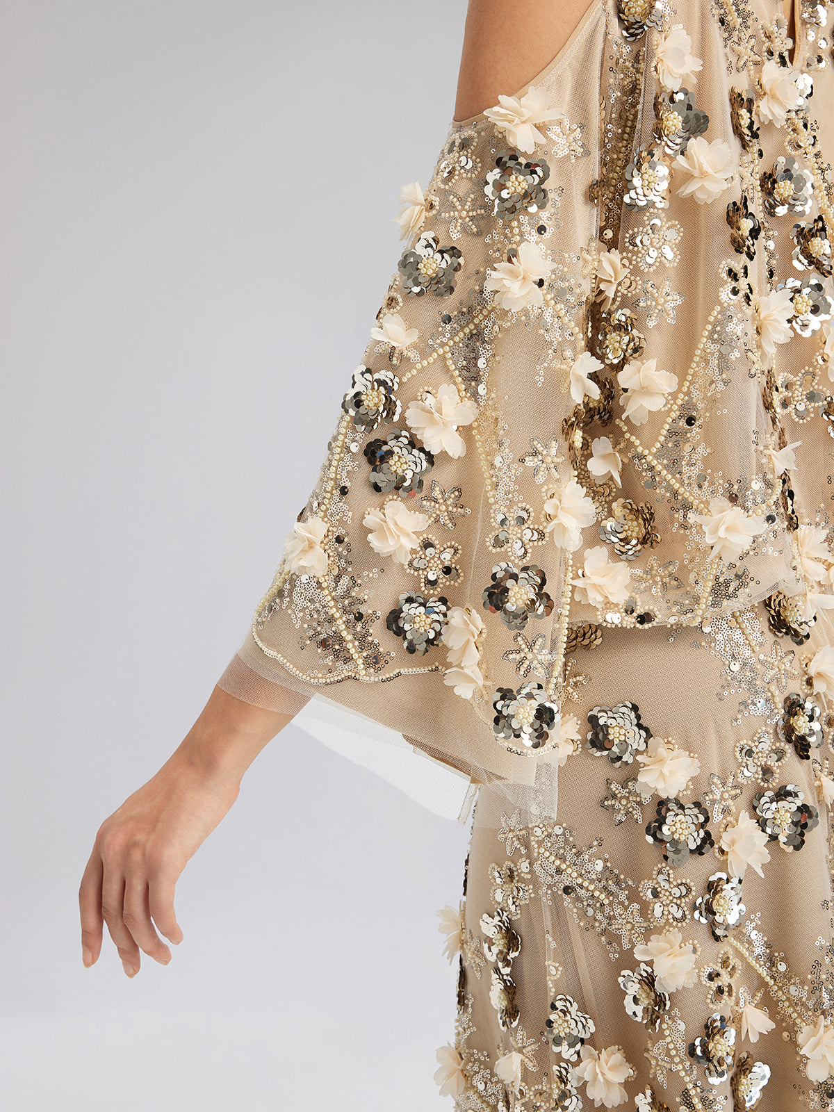 Sequin Floral Embroidery Cold-Shoulder Top