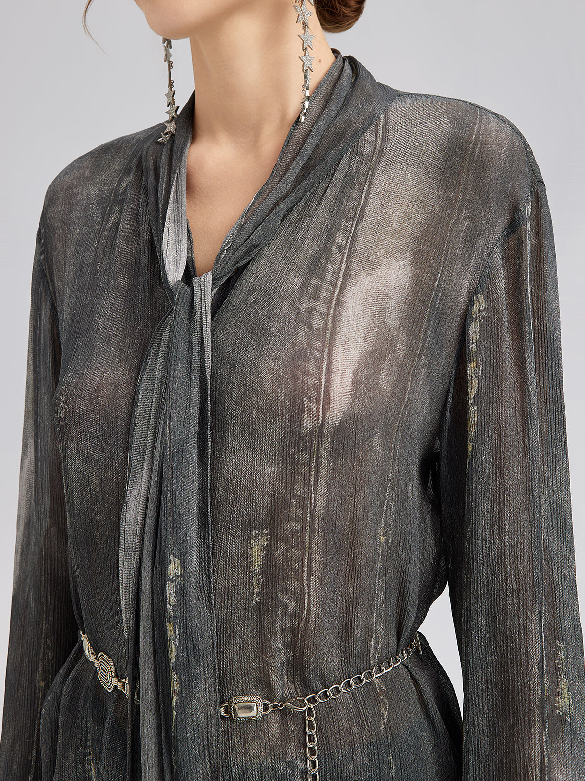 Final Sale | Faux Denim Washed Tie Blouse
