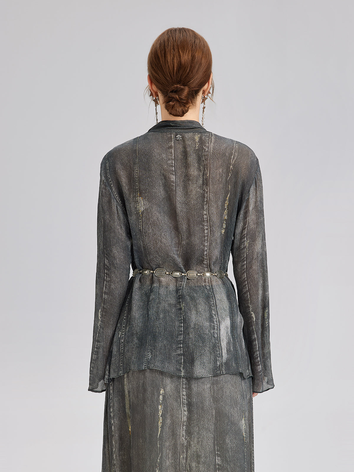 Faux Denim Washed Tie Blouse