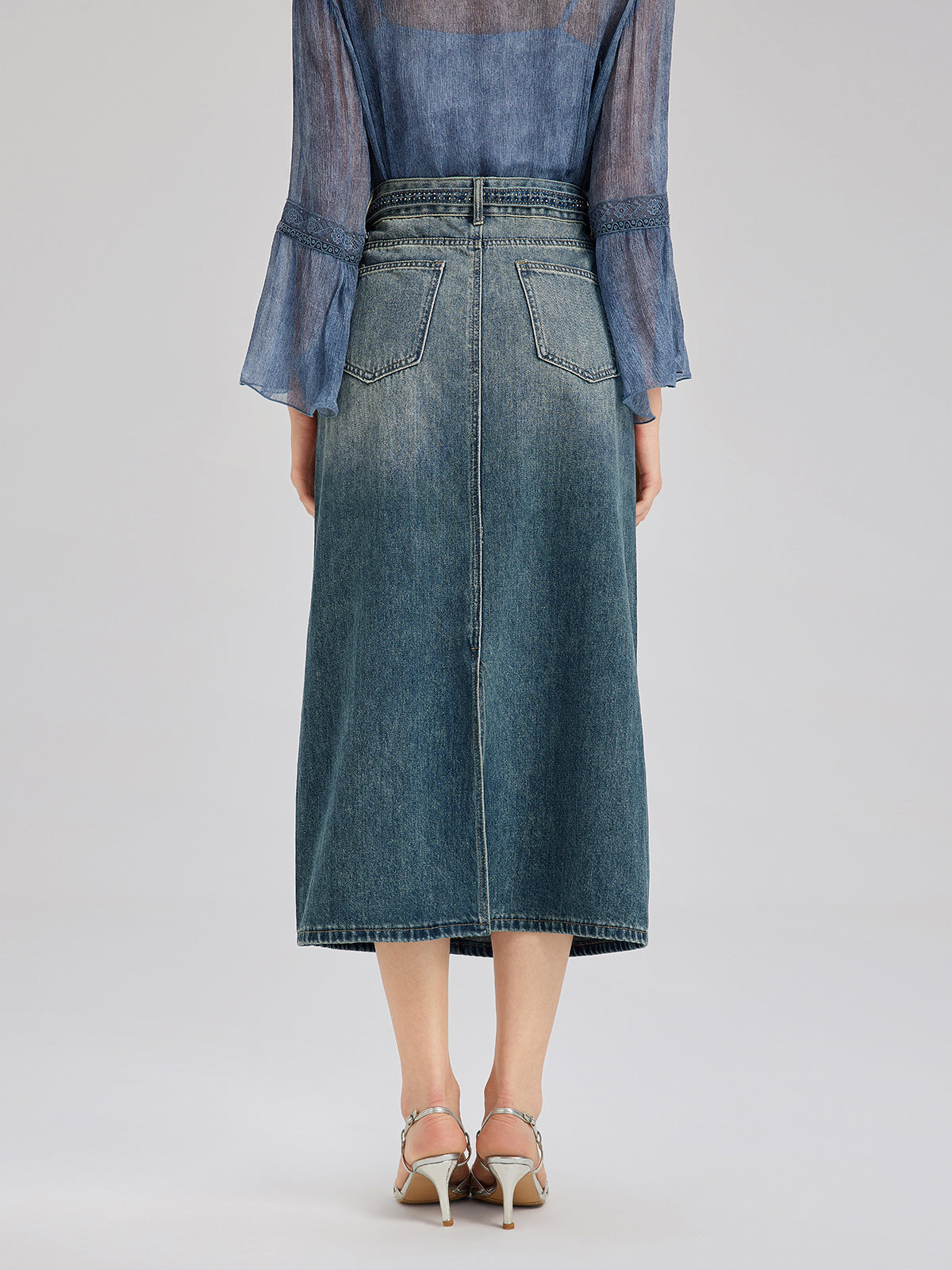 Hand-Beaded Rhinestone Waist Denim Skirt