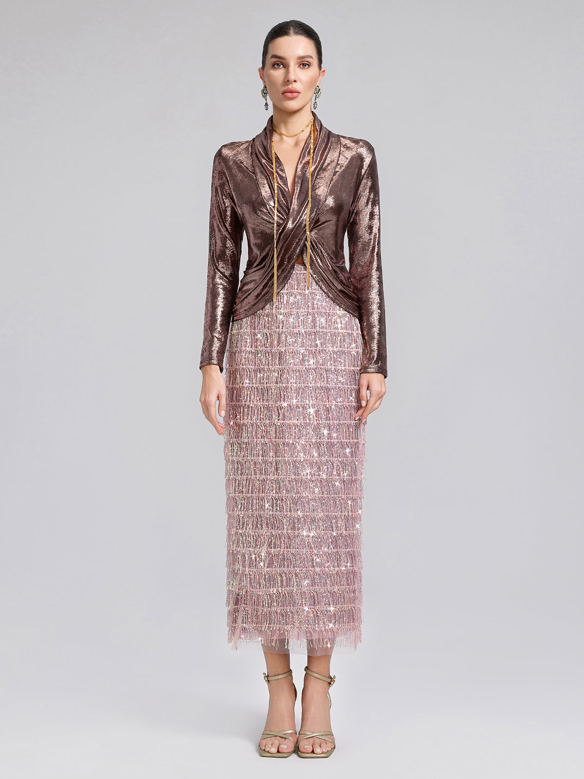 Back Slit Sequin Fringe Skirt