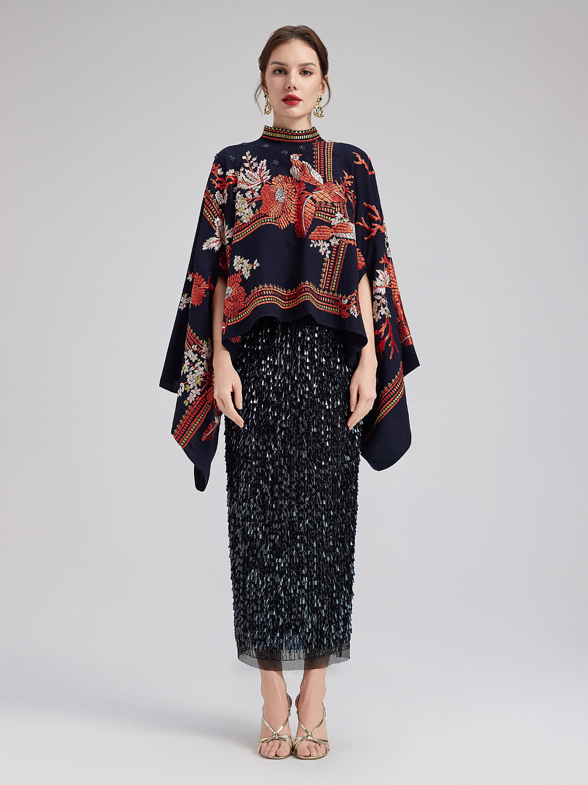 Magpie Embroidered Chinese-Inspired Cape Blouse