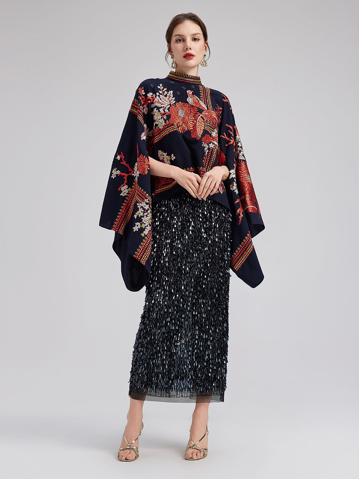 Magpie Embroidered Chinese-Inspired Cape Blouse