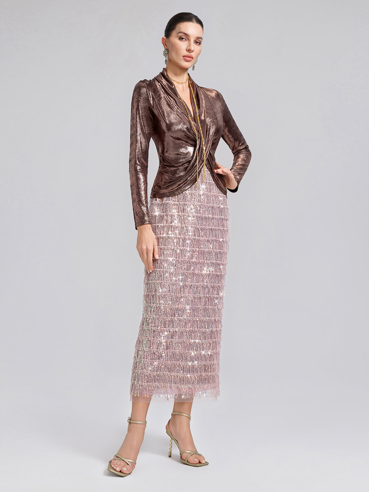 Back Slit Sequin Fringe Skirt