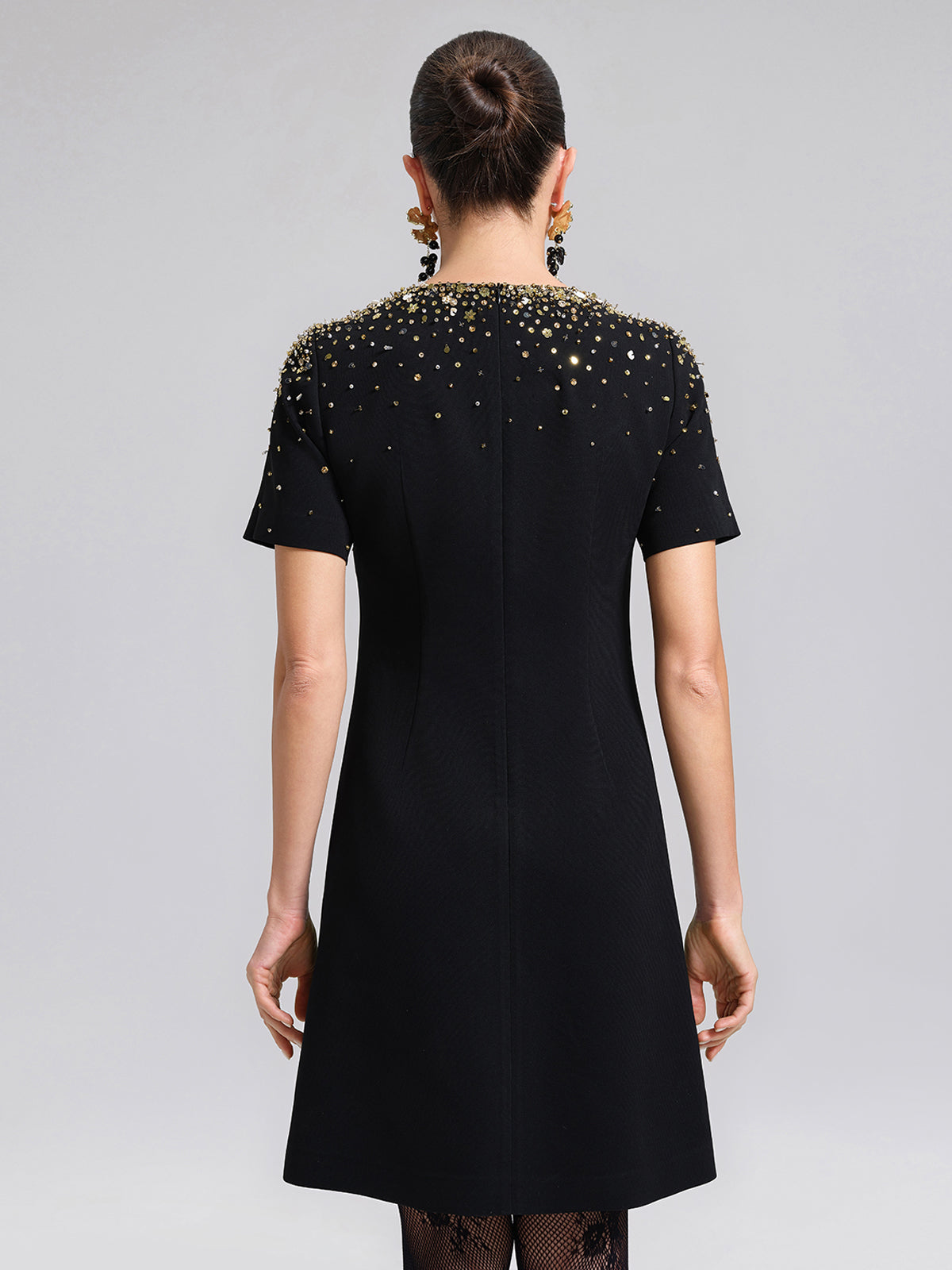 Gold Gradient Hand-Beaded Short-Sleeve Dress