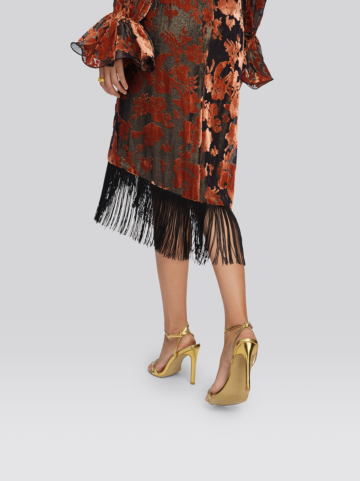 Burnout Velvet Floral Fringe Skirt