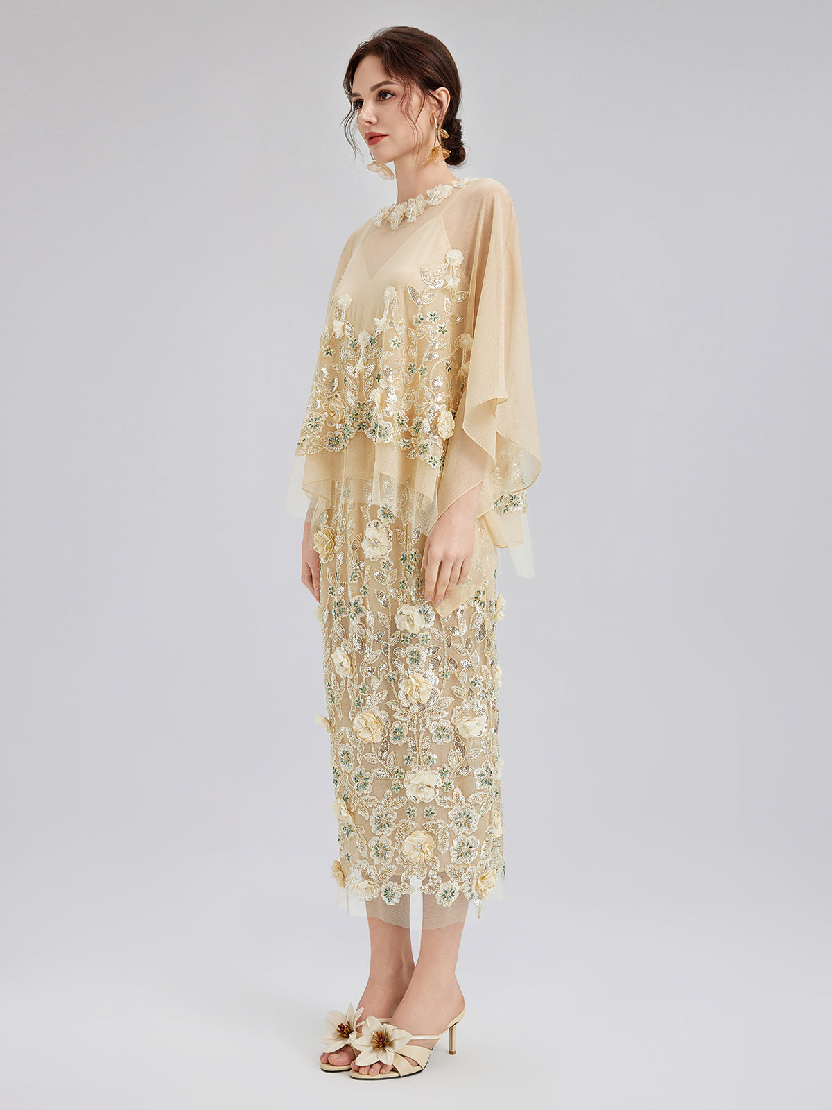 Embellished Floral Sequin Chiffon Skirt