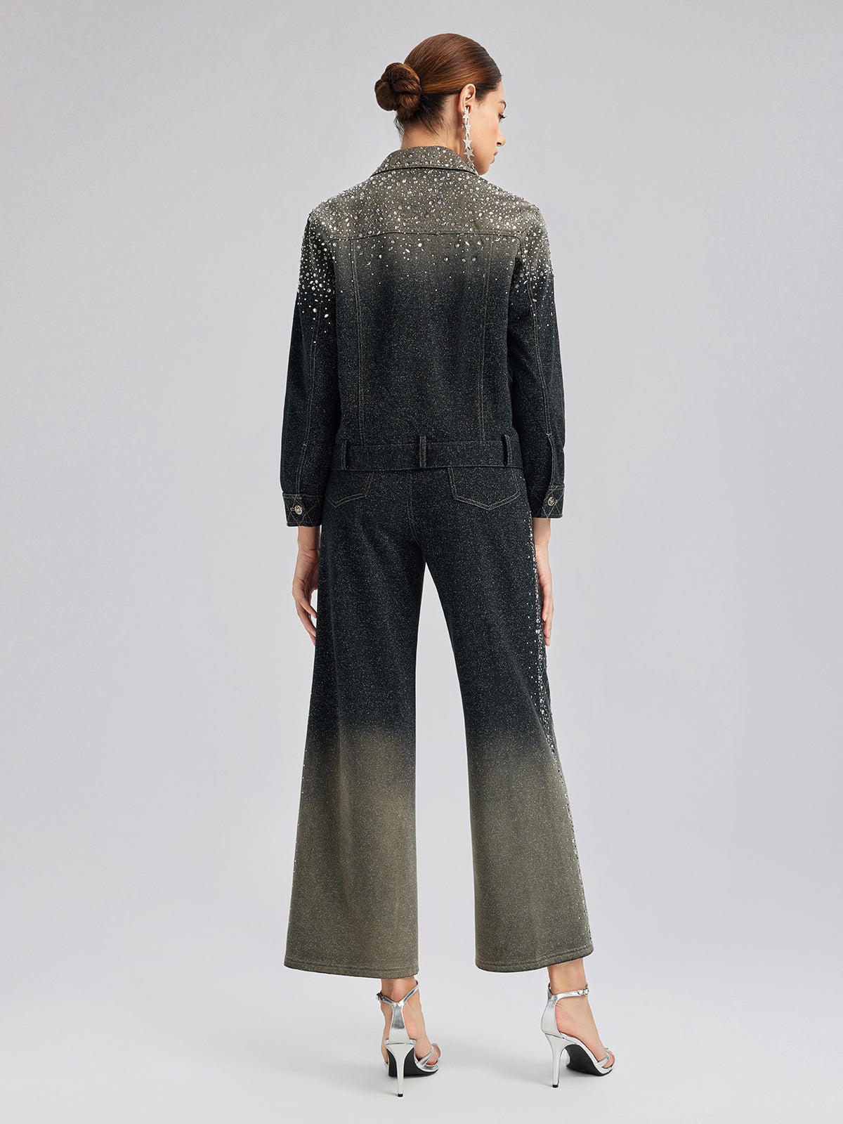 Handcrafted Rhinestone Gradient Knit Straight Pants