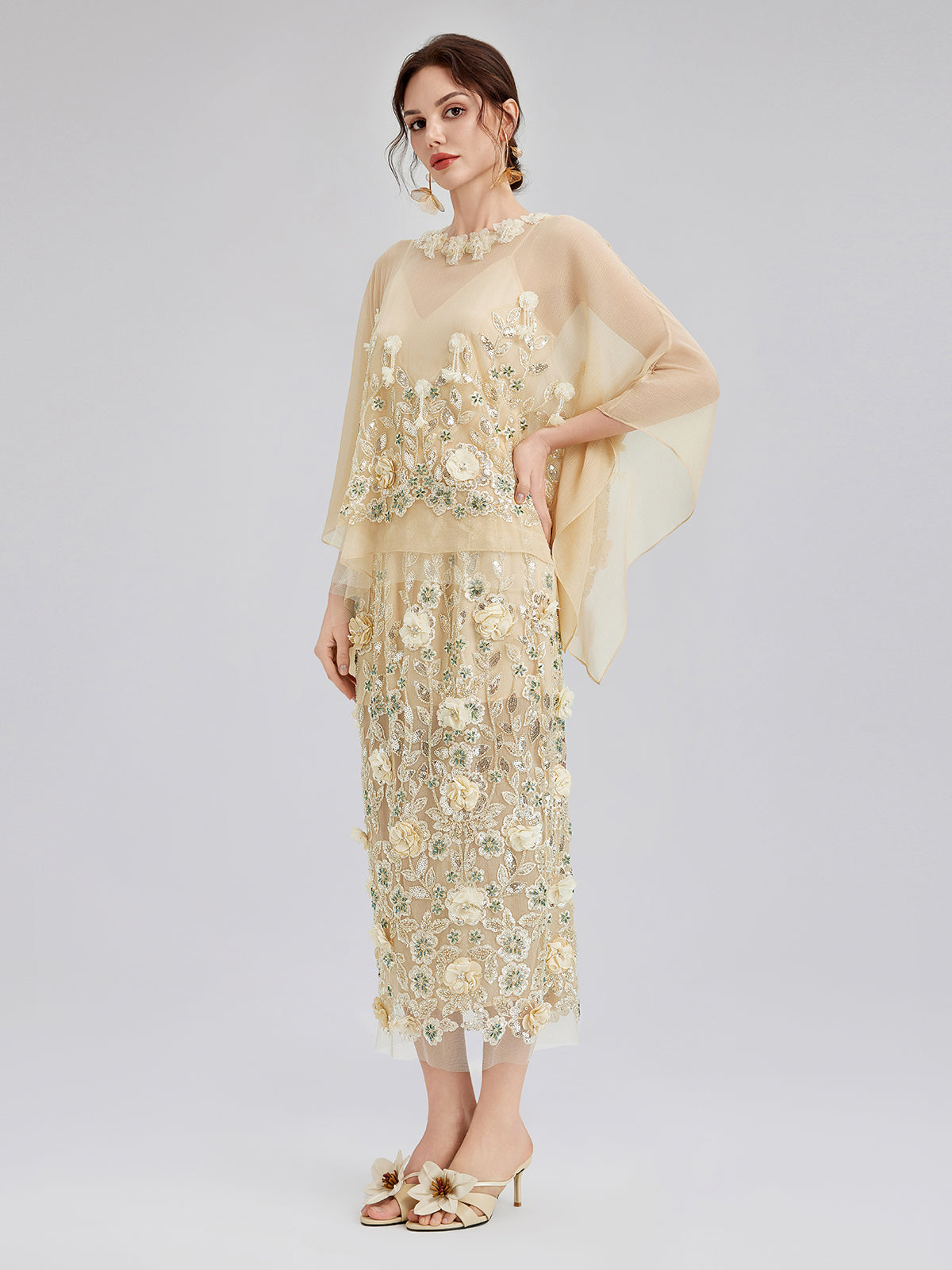 Embellished Floral Sequin Chiffon Skirt