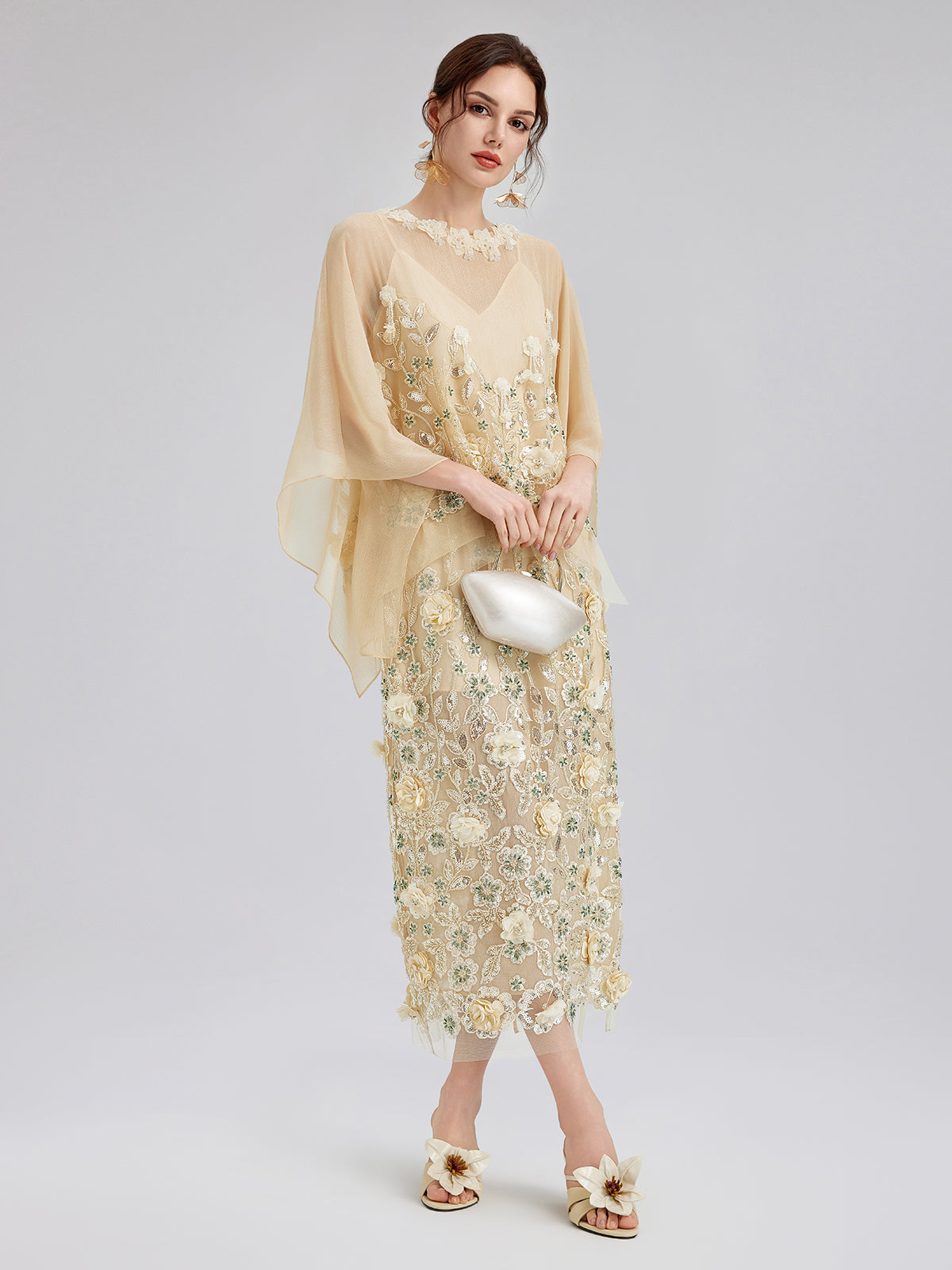 Embellished Floral Sequin Chiffon Skirt
