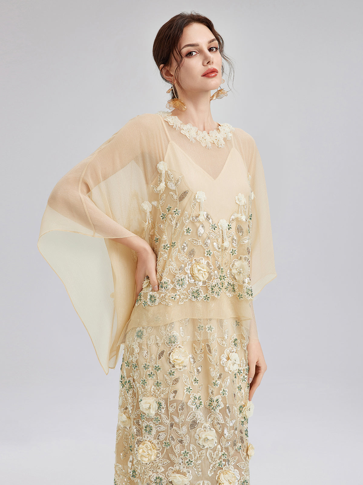 Embellished Floral Sequin Chiffon Blouse