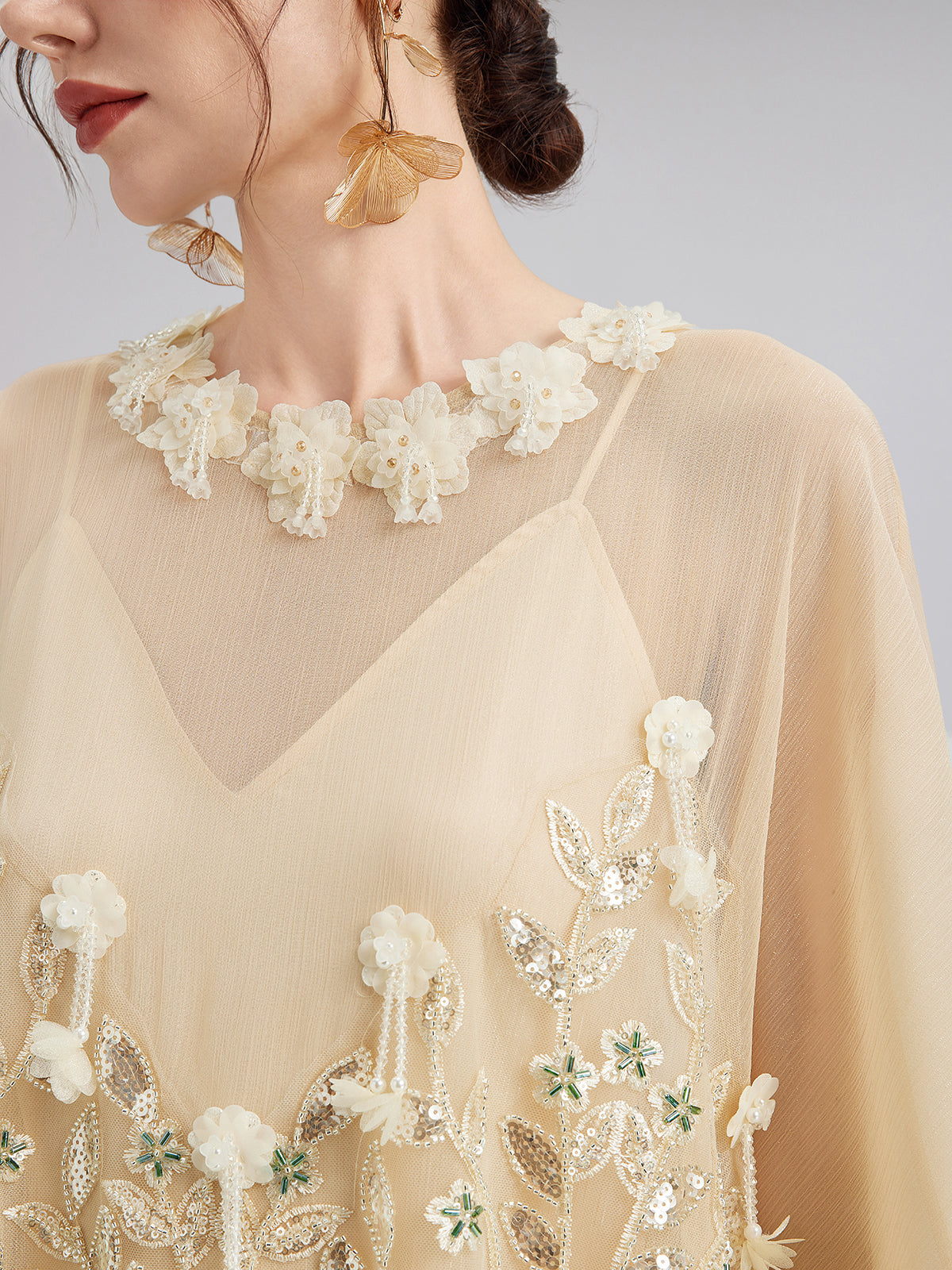 Embellished Floral Sequin Chiffon Blouse