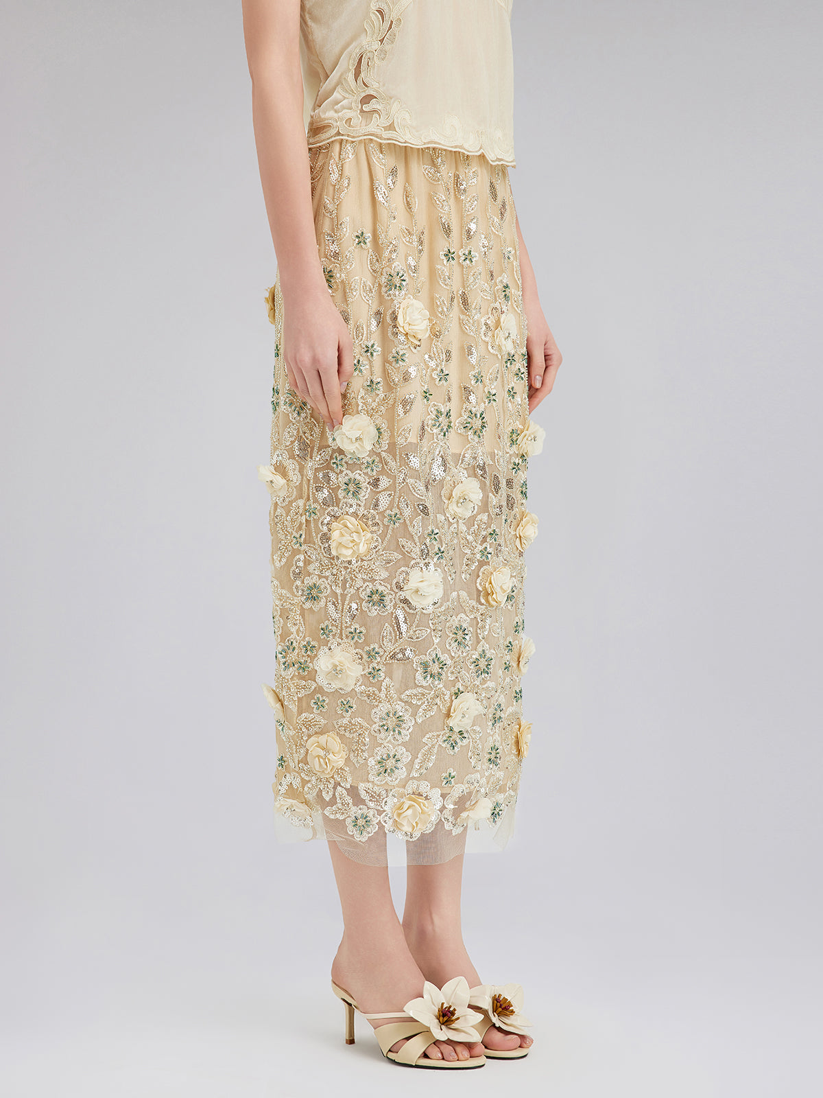Embellished Floral Sequin Chiffon Skirt