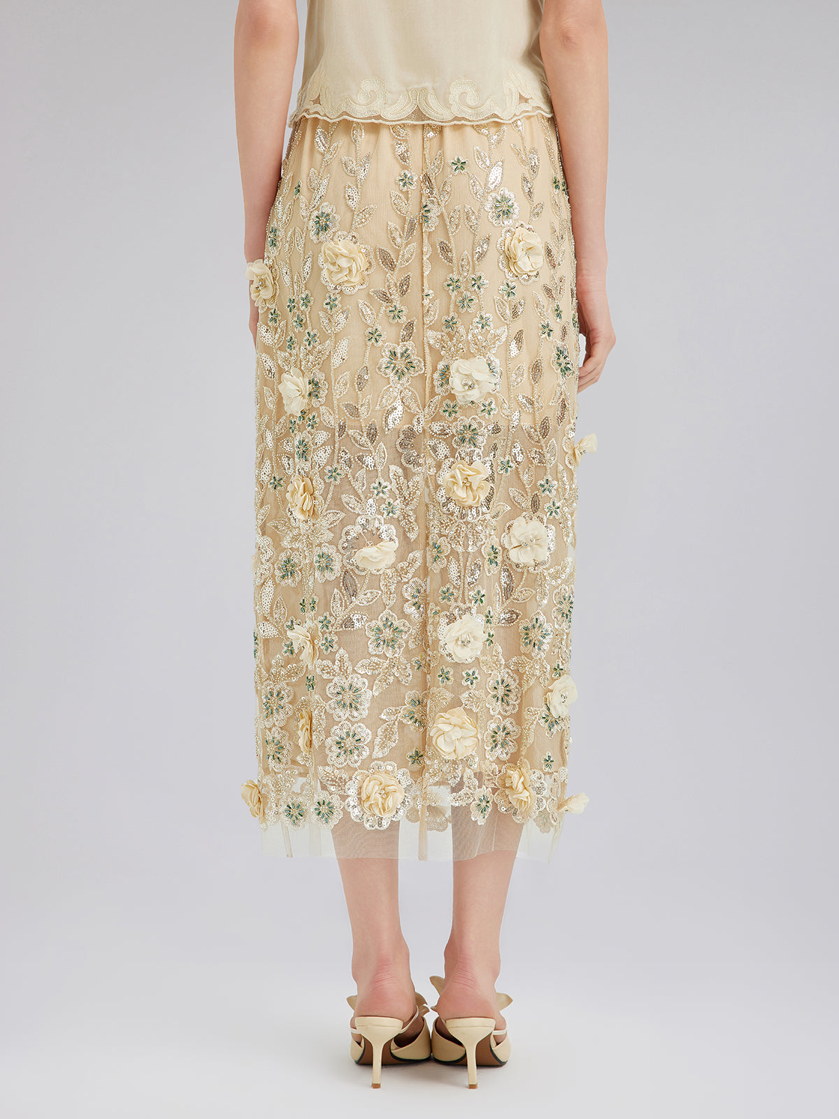 Embellished Floral Sequin Chiffon Skirt