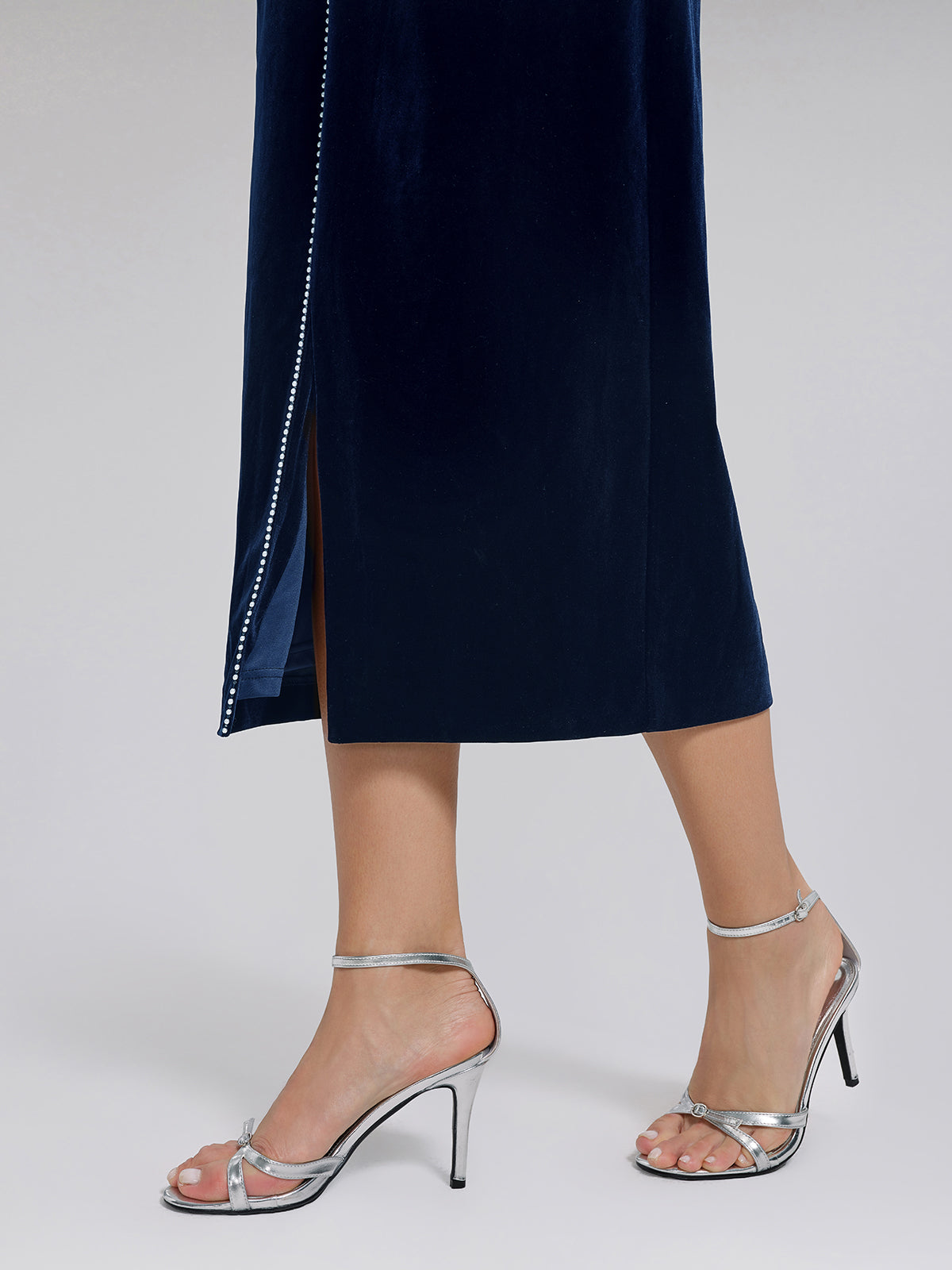 Hand-Beaded Velvet Fitted V-Neck Dress