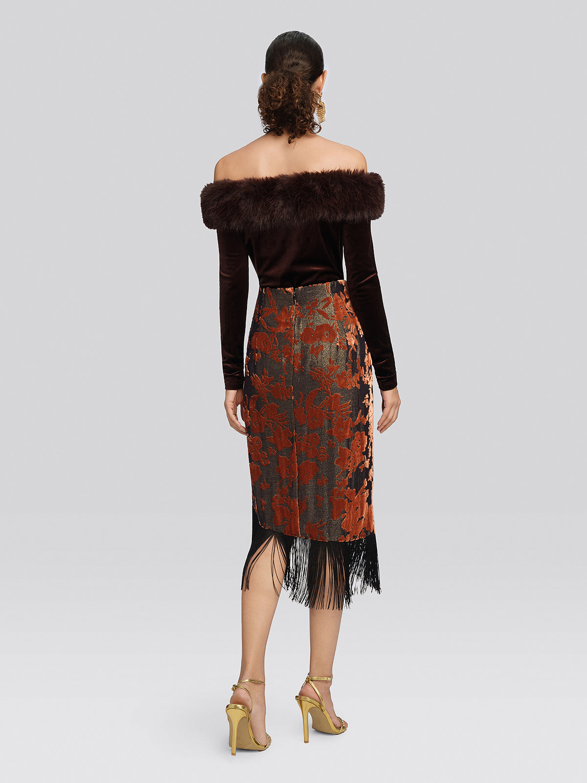 Burnout Velvet Floral Fringe Skirt