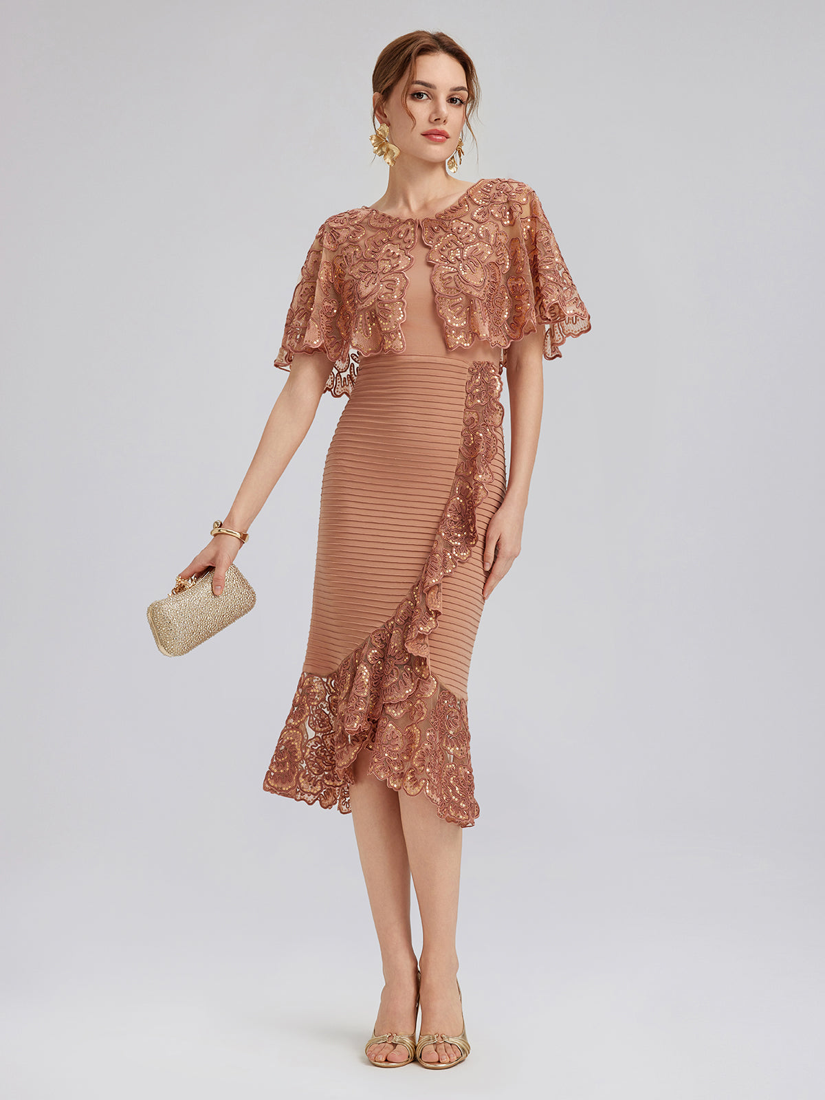 Sequin Ruffle Stretch Fitted Dress, PINKISH ORANGE / L Sequin Ruffle Stretch Fitted Dress, PINKISH ORANGE / L
